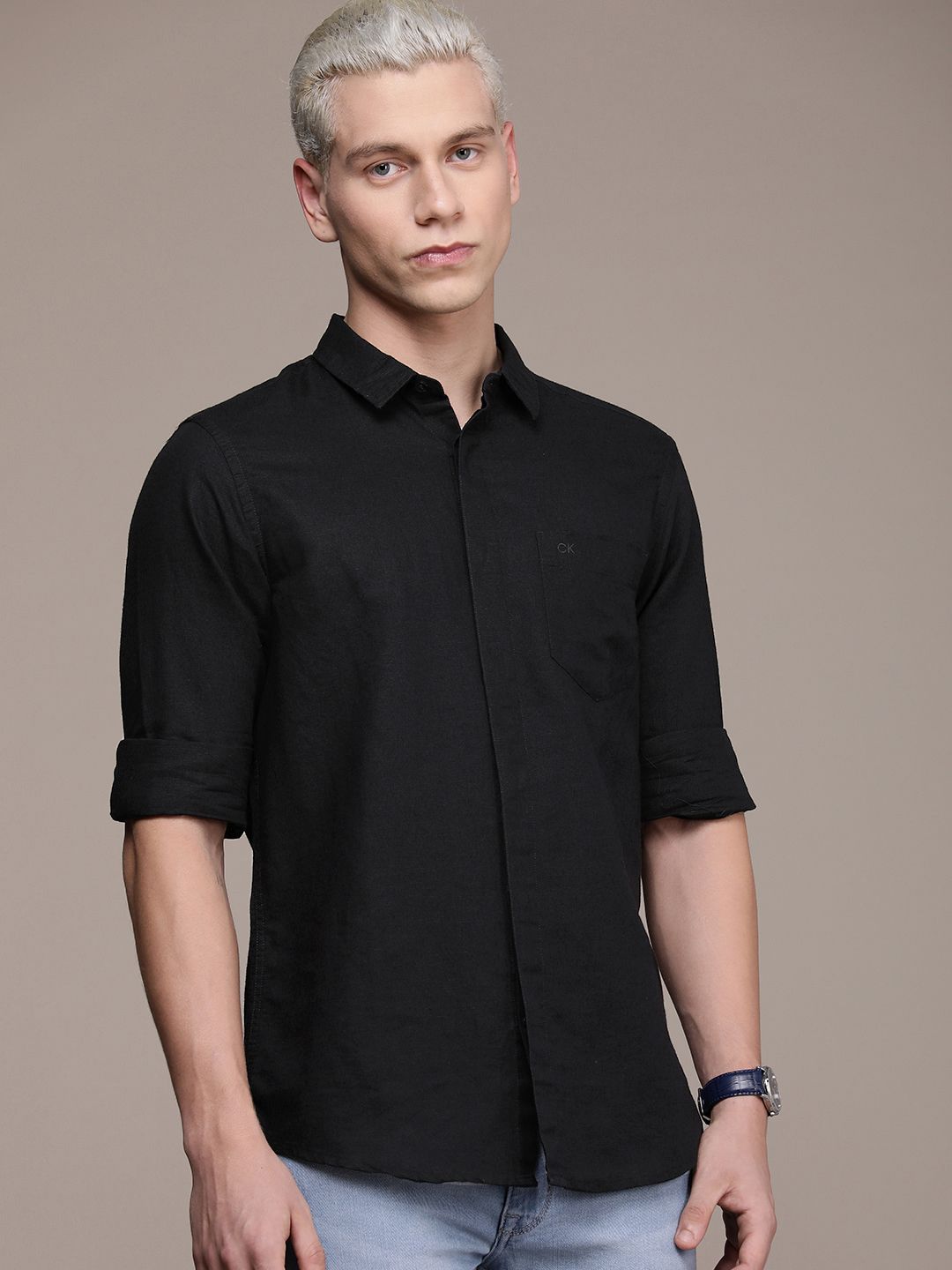  Calvin Klein Jeans Men Linen Cotton Casual Shirt