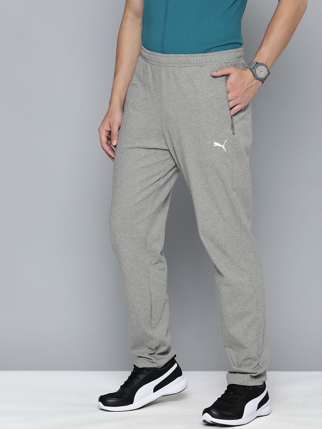  Puma Men Grey Melange Regular Fit Zippered Knitted Track Pants