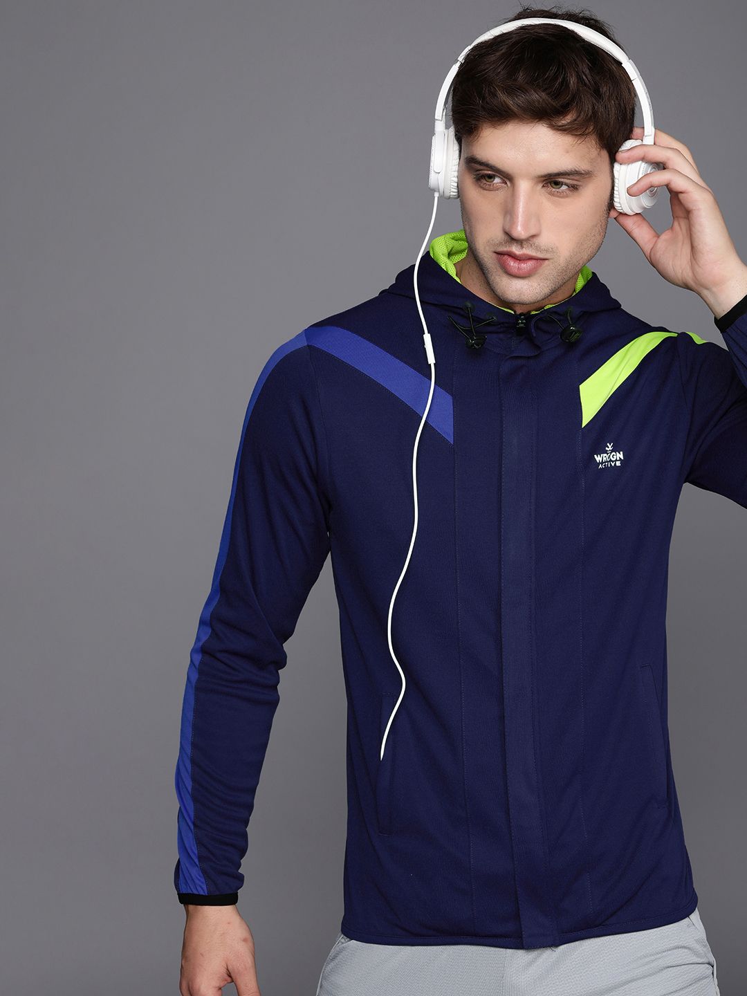  WROGN ACTIVE Men Navy Blue Brand Logo Printed Hooded Sweatshirt
