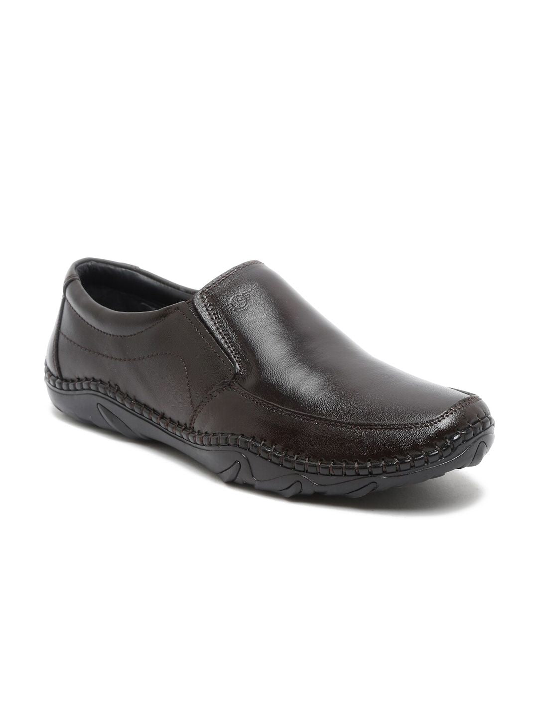  MUTAQINOTI Men Brown Solid Leather Formal Slip-On Shoes