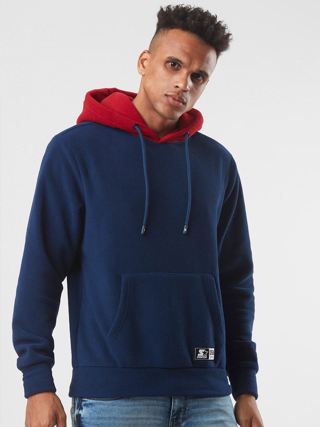  STARTER Men Navy Blue Cotton Hooded Sweatshirt