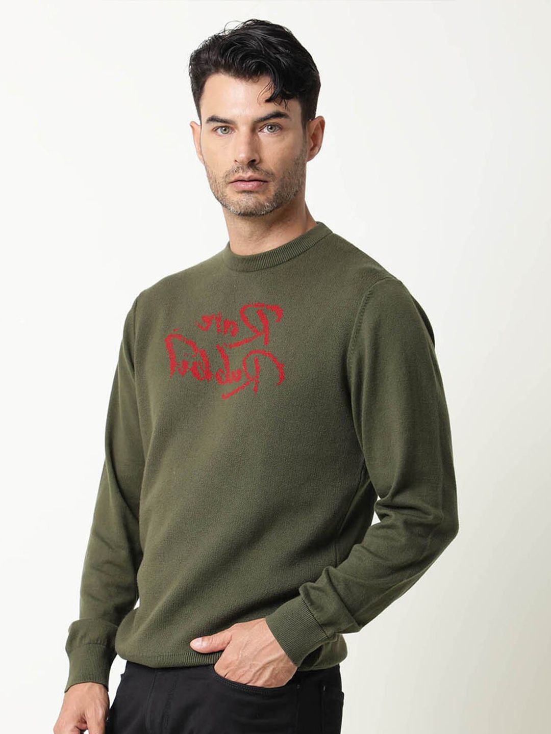  RARE RABBIT Men Olive Green Printed Sweatshirt