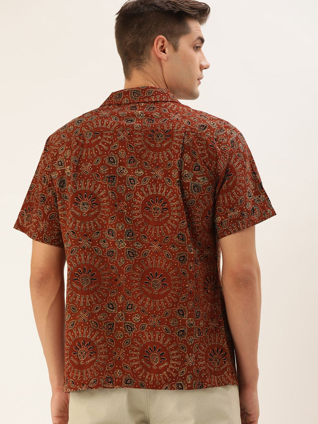  Taavi Men Maroon Ajrakh Hand Block Printed Cuban Collar Casual Shirt