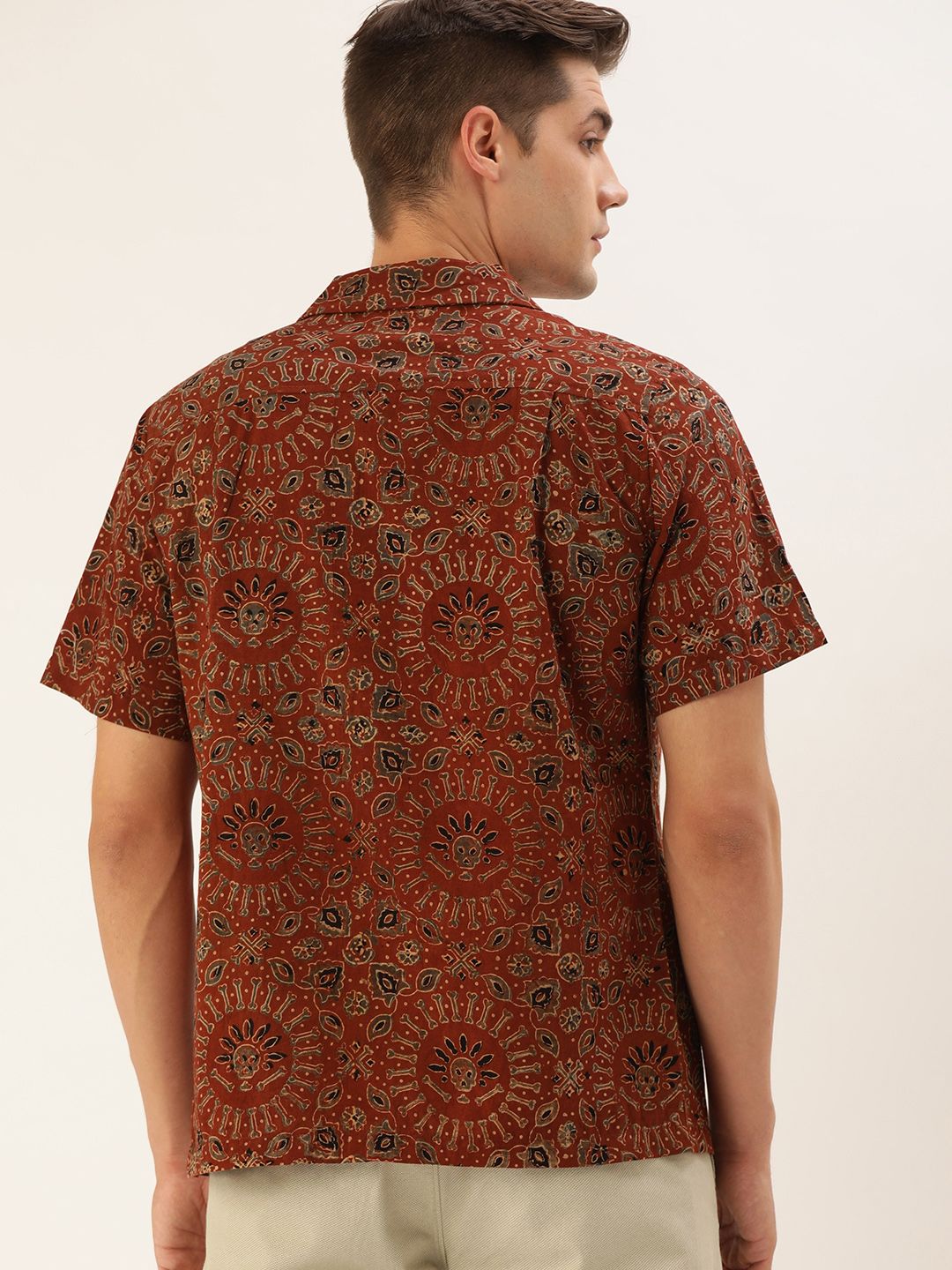  Taavi Men Maroon Ajrakh Hand Block Printed Cuban Collar Casual Shirt