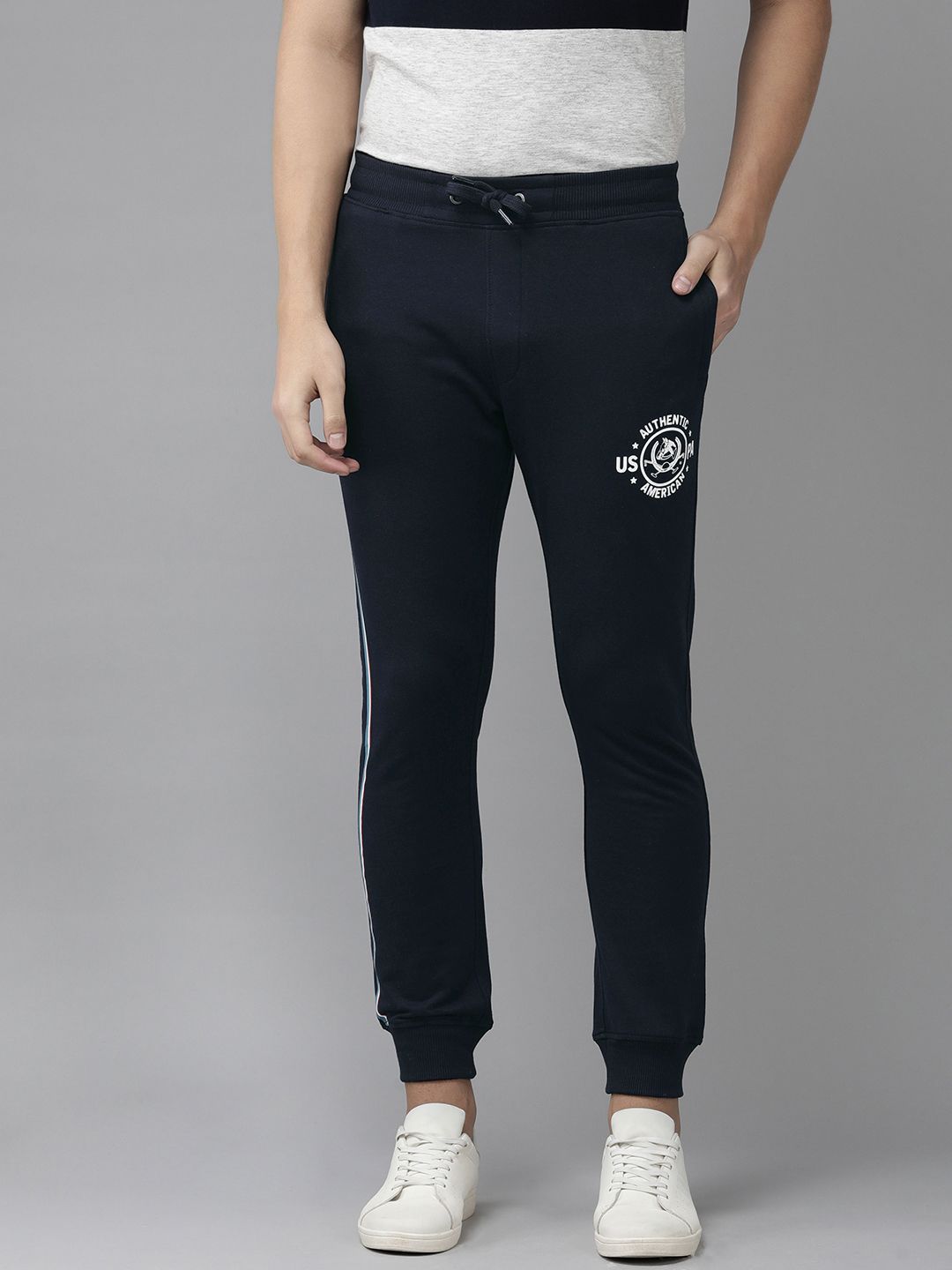  U.S. Polo Assn. Denim Co. Men Navy Blue Solid Mid-Rise Knitted Joggers With Side Taping