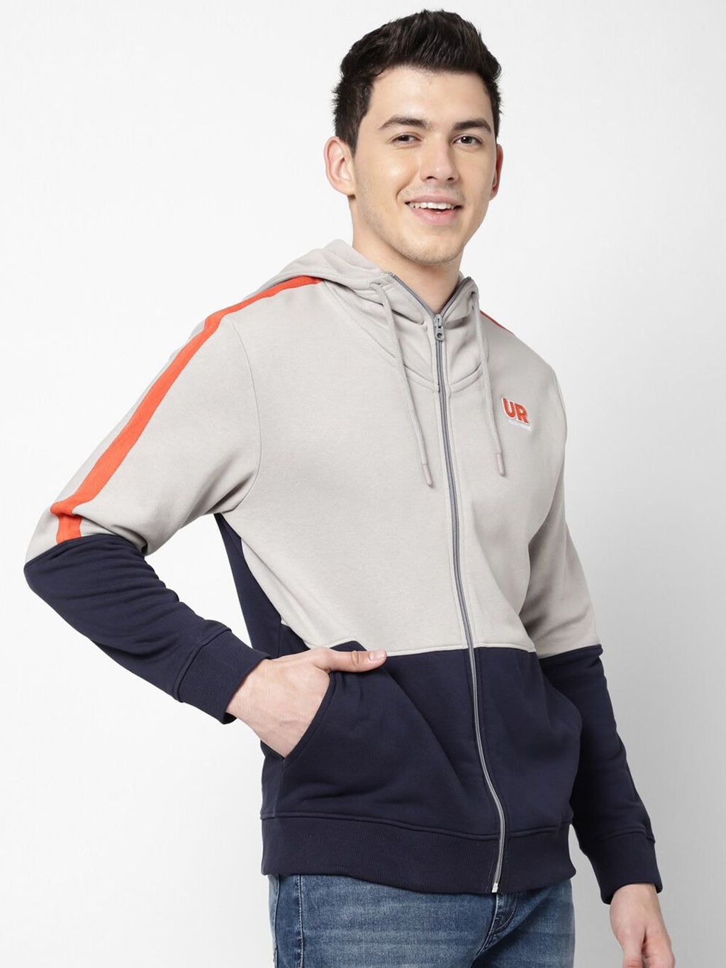  Lee Men Grey Colourblocked Hooded Sweatshirt