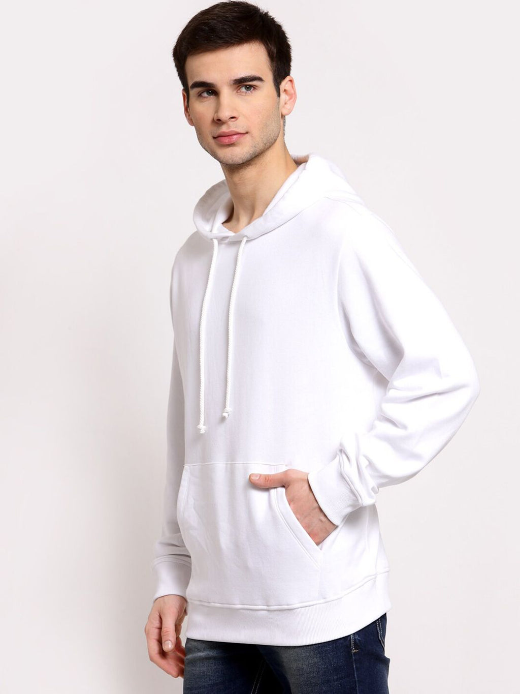  YOONOY Men White Solid Organic Cotton Hooded Sweatshirt