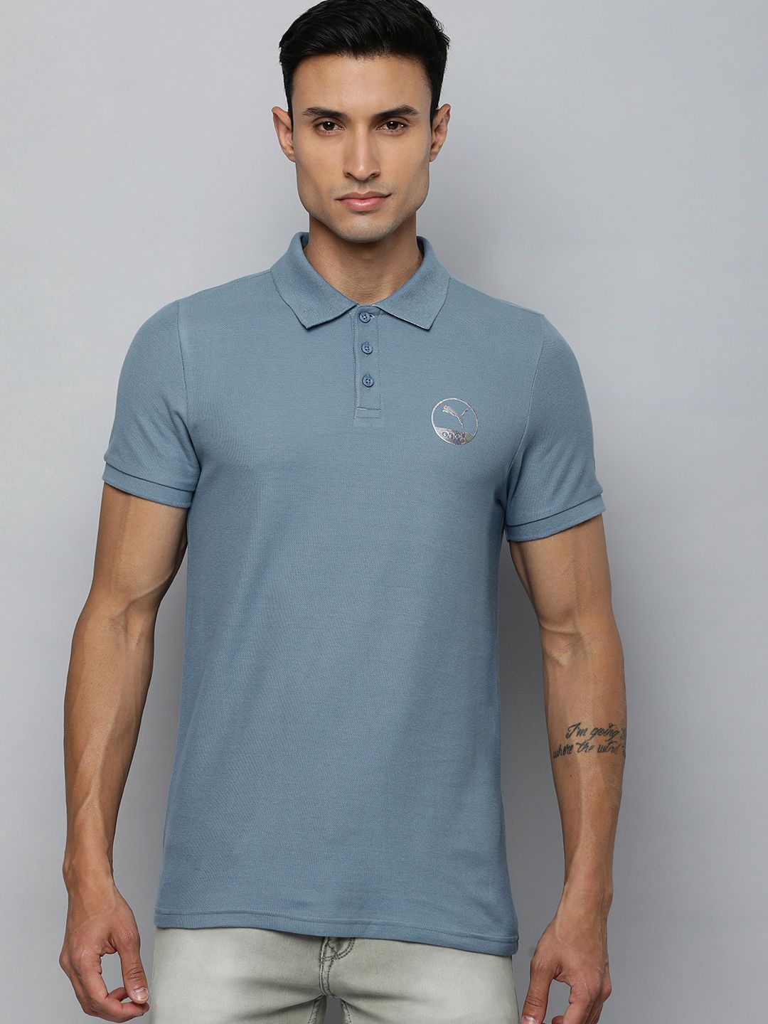  One8 X PUMA Men Slim Fit Cotton Polo Collar Solid Sports T-shirt With Brand Logo Detail