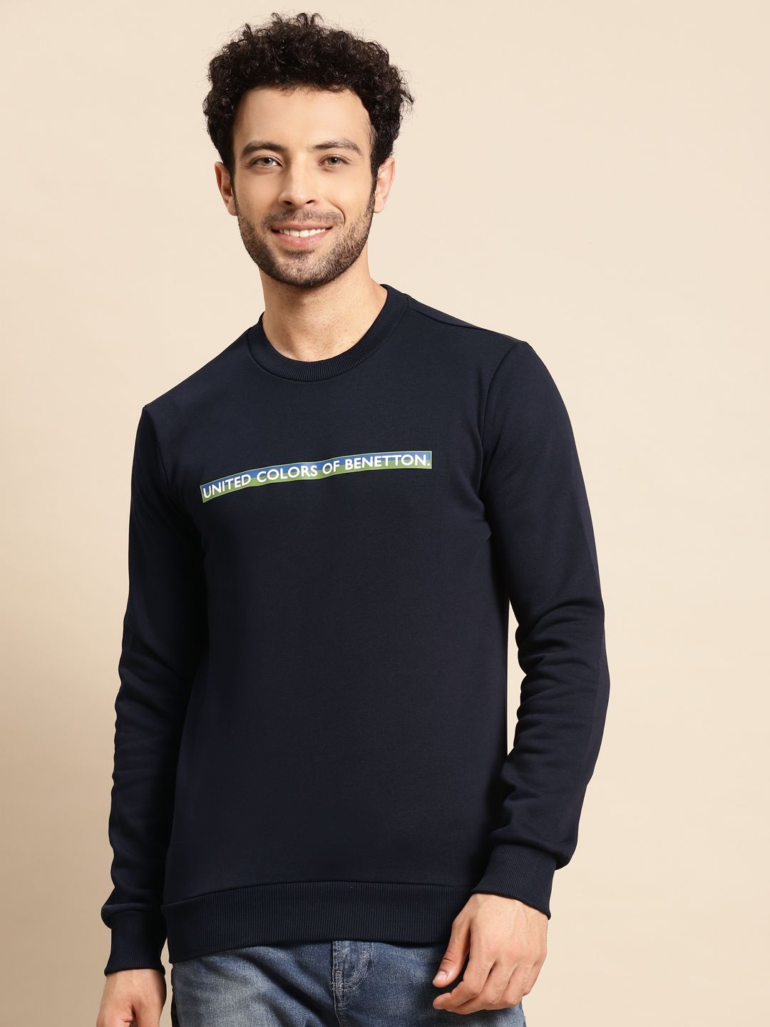  United Colors Of Benetton Men Navy Blue Brand Logo Printed Sweatshirt