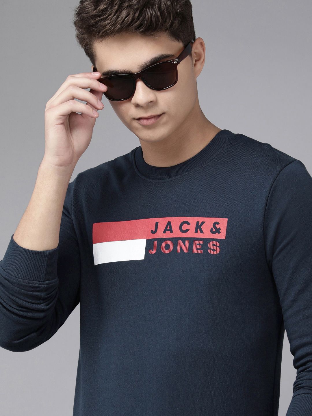  Jack & Jones Men Navy Blue Brand Logo Printed Sweatshirt