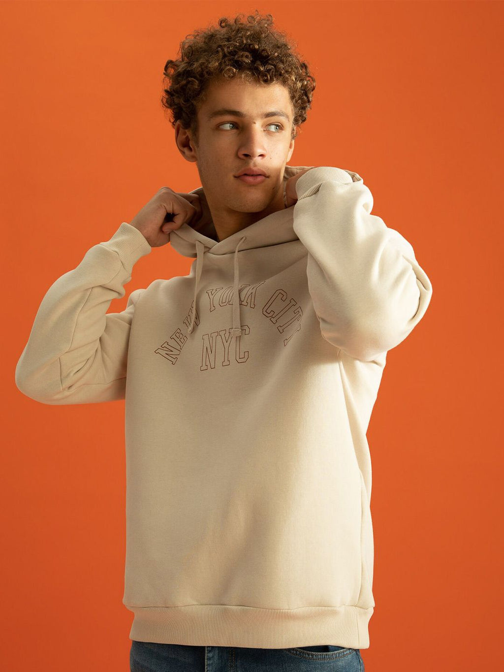  DeFacto Men Cream-Coloured Printed Hooded Sweatshirt