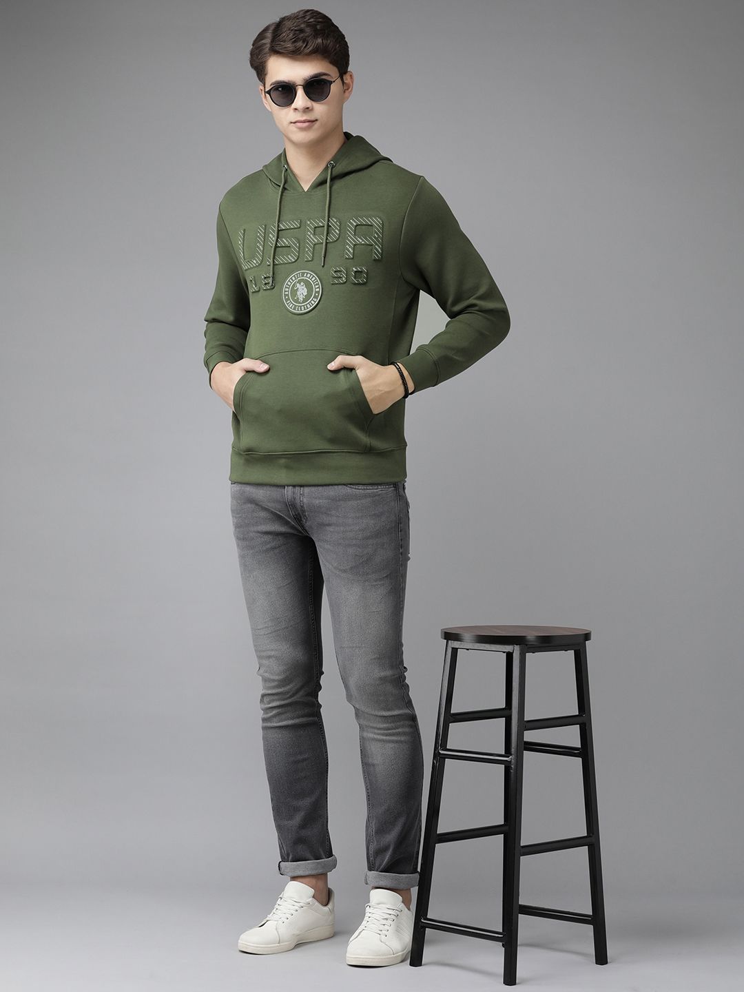  U.S. Polo Assn. Denim Co. Men Green Brand Logo Embossed Hooded Sweatshirt