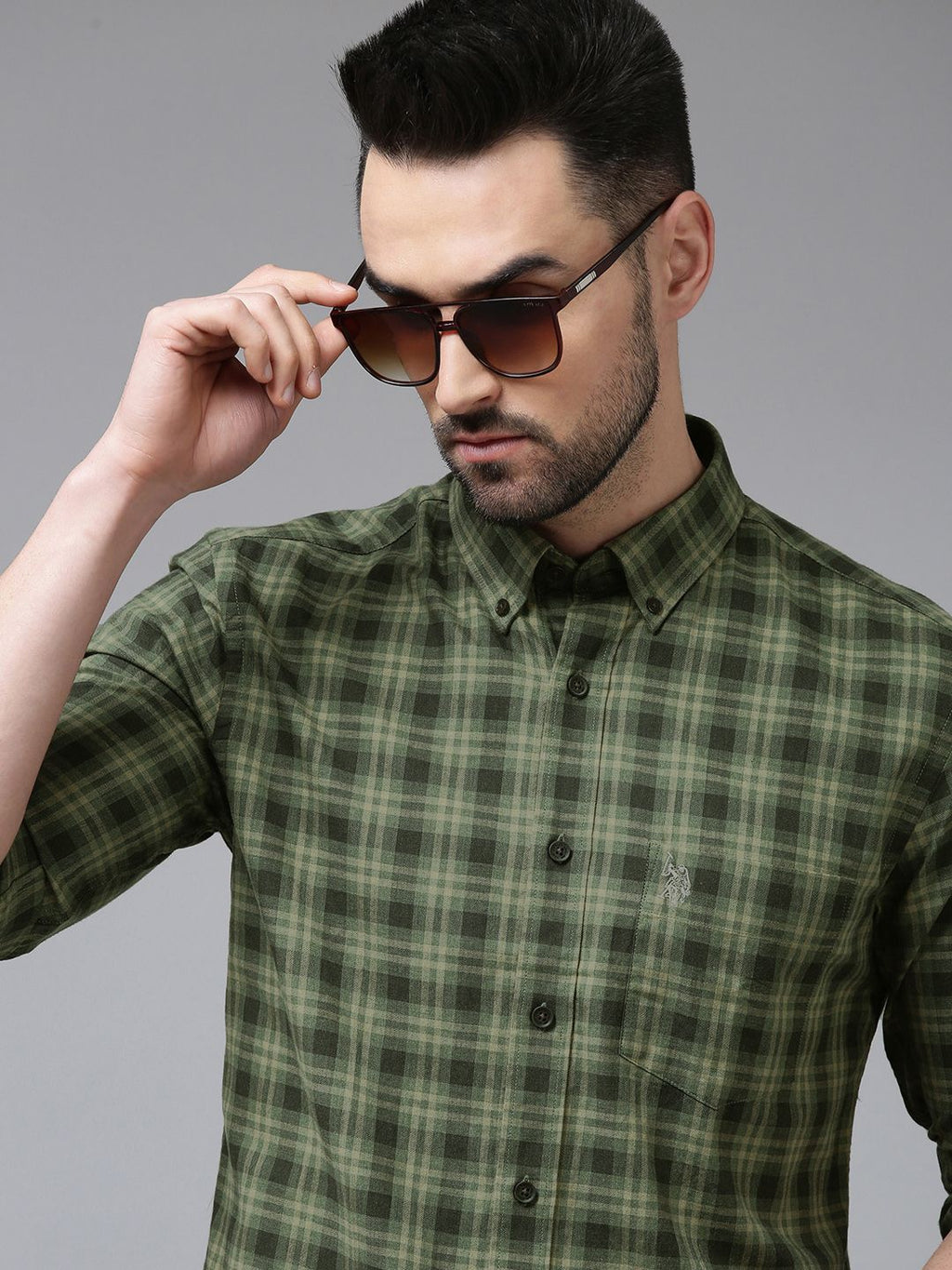 U.S. Polo Assn. U S Polo Assn Men Olive Green Tailored Fit Tartan Checked Pure Cotton Casual Shirt