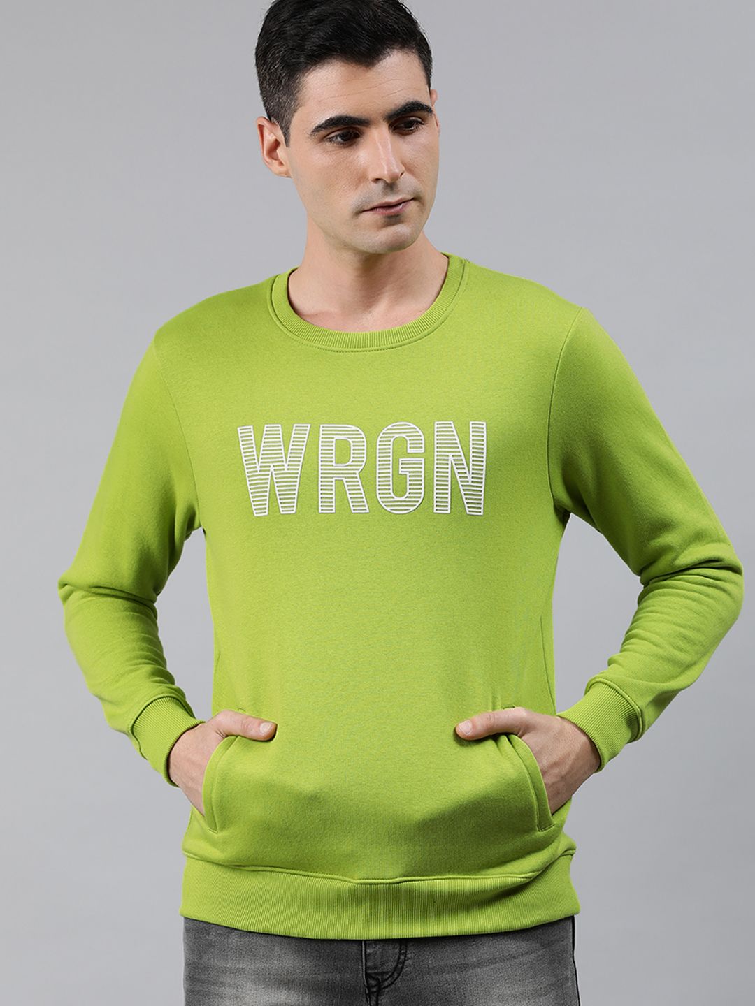  WROGN Men Green Printed Slim Fit Pullover Sweatshirt