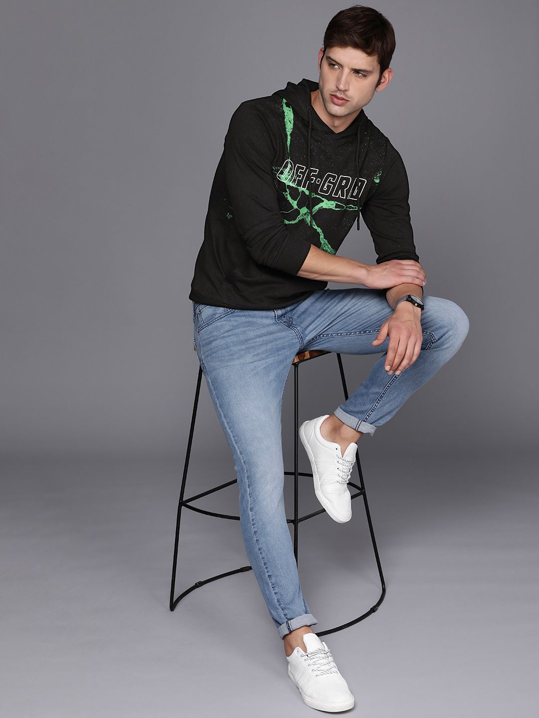  WROGN Men Black Printed Hooded Sweatshirt