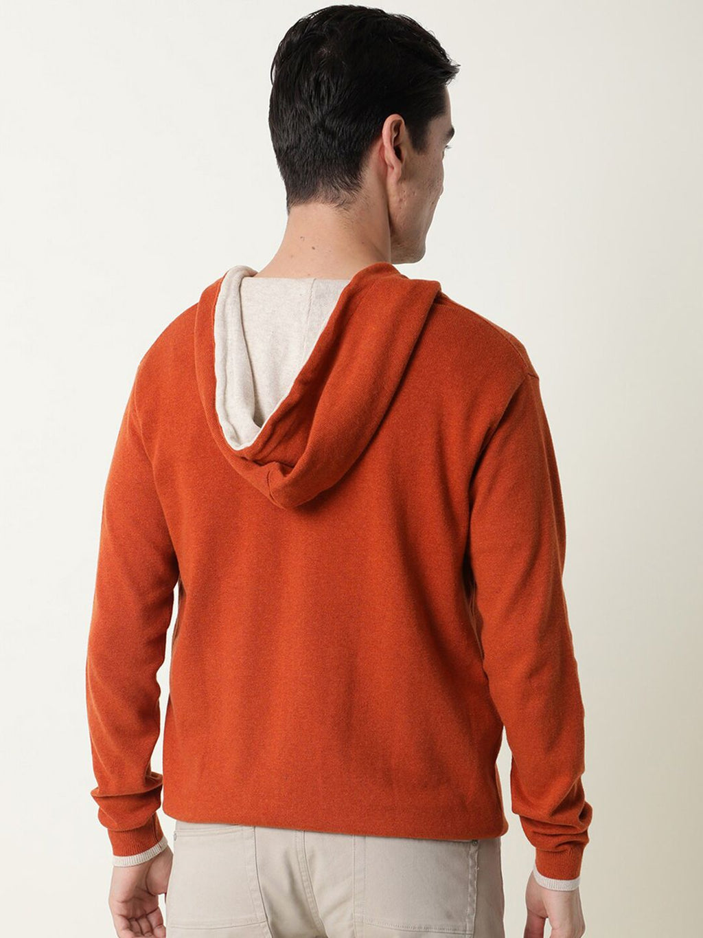  RARE RABBIT Men Orange Solid Cotton Hooded Sweatshirt