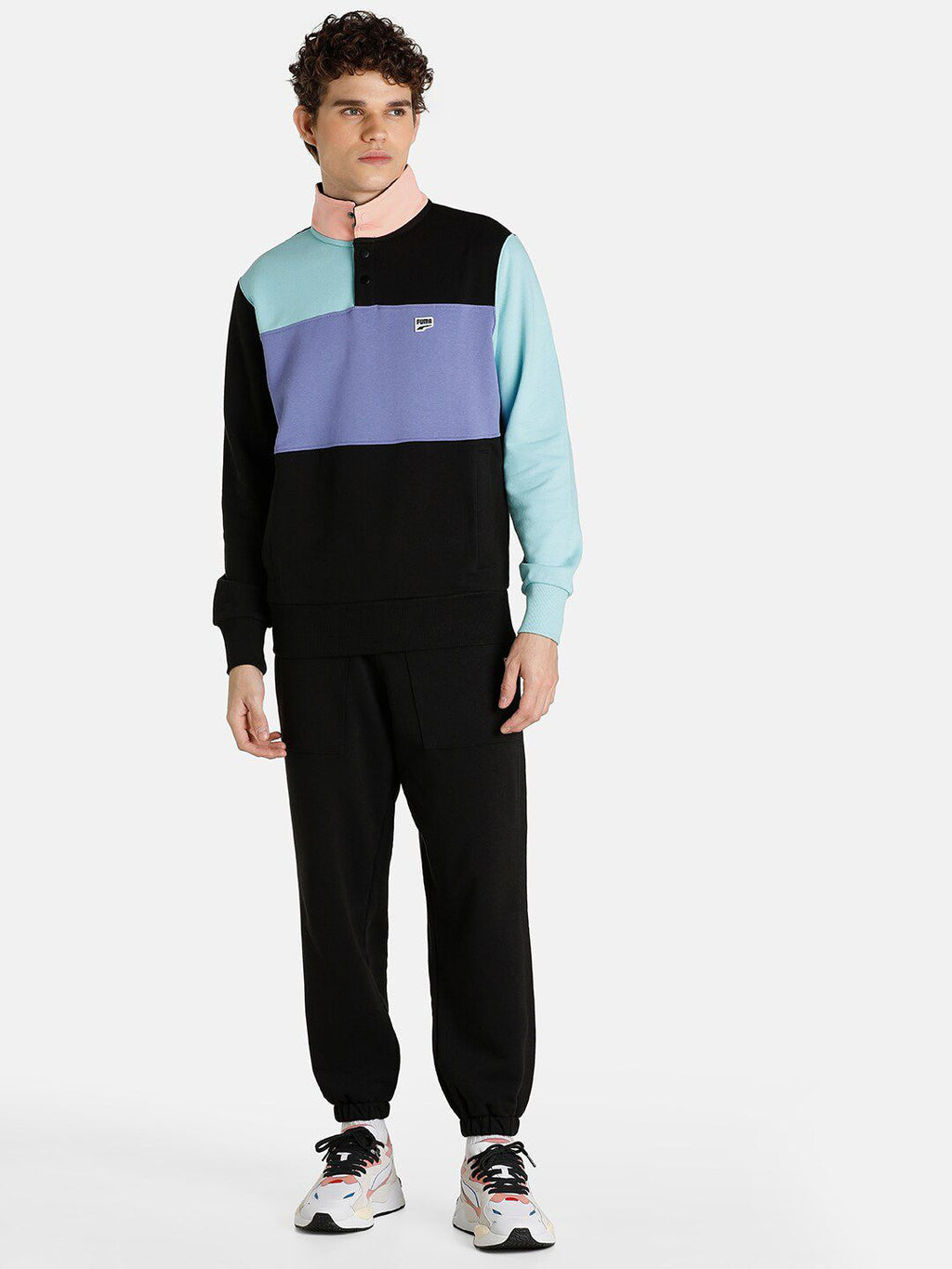  Puma Men Black Downtown Mock Neck Colourblocked Pure Cotton Sweatshirt