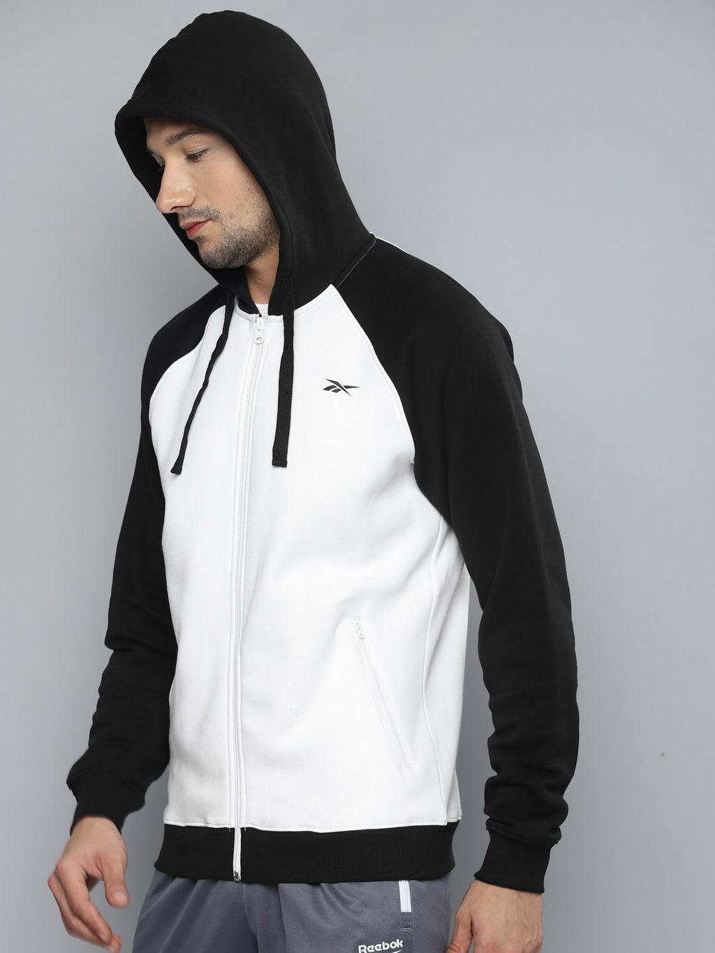  Reebok Men White & Black Solid Performance Hooded Sweatshirt