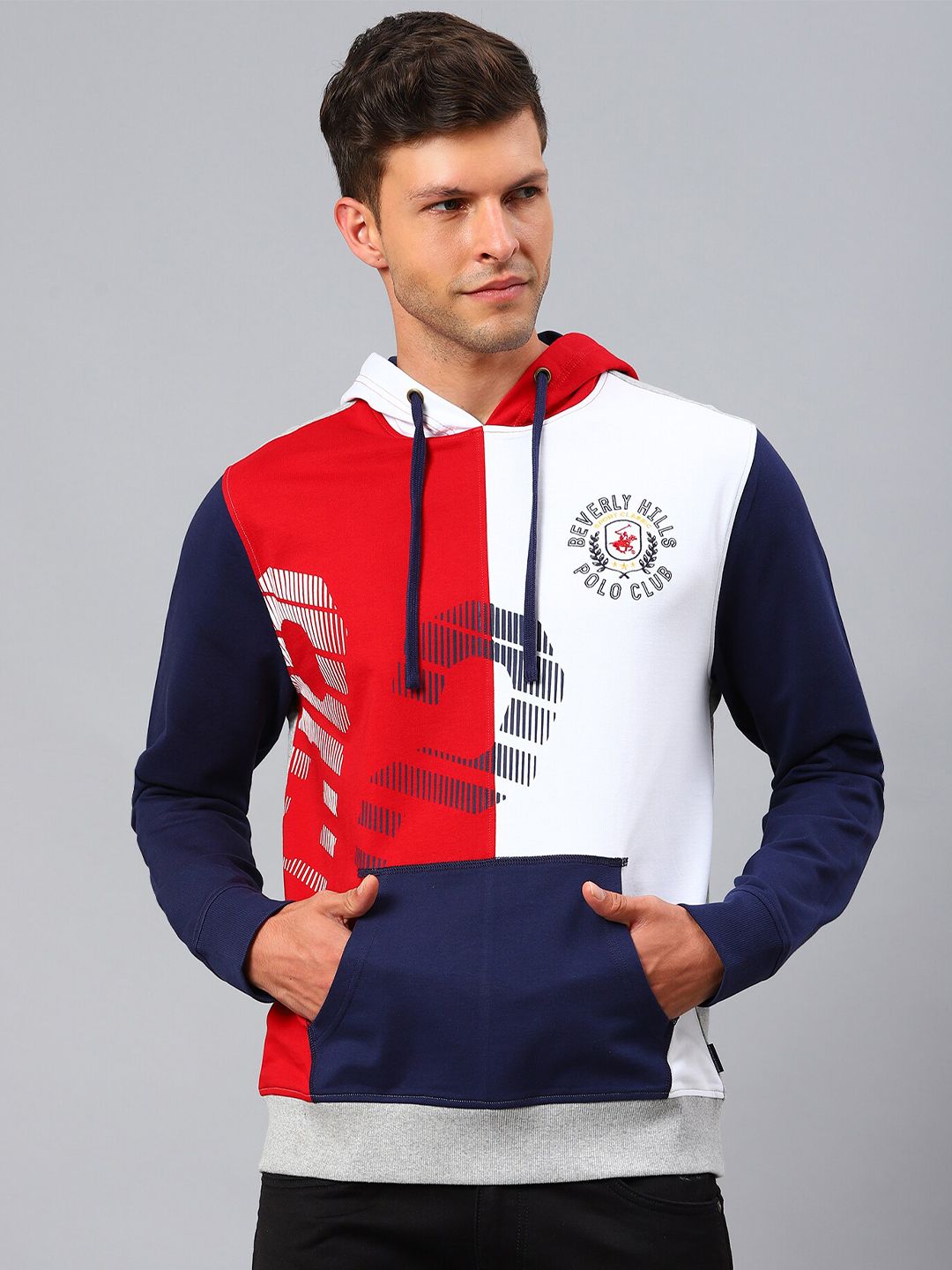  Beverly Hills Polo Club Men Red Colourblocked Hoodie Cotton Sweatshirt