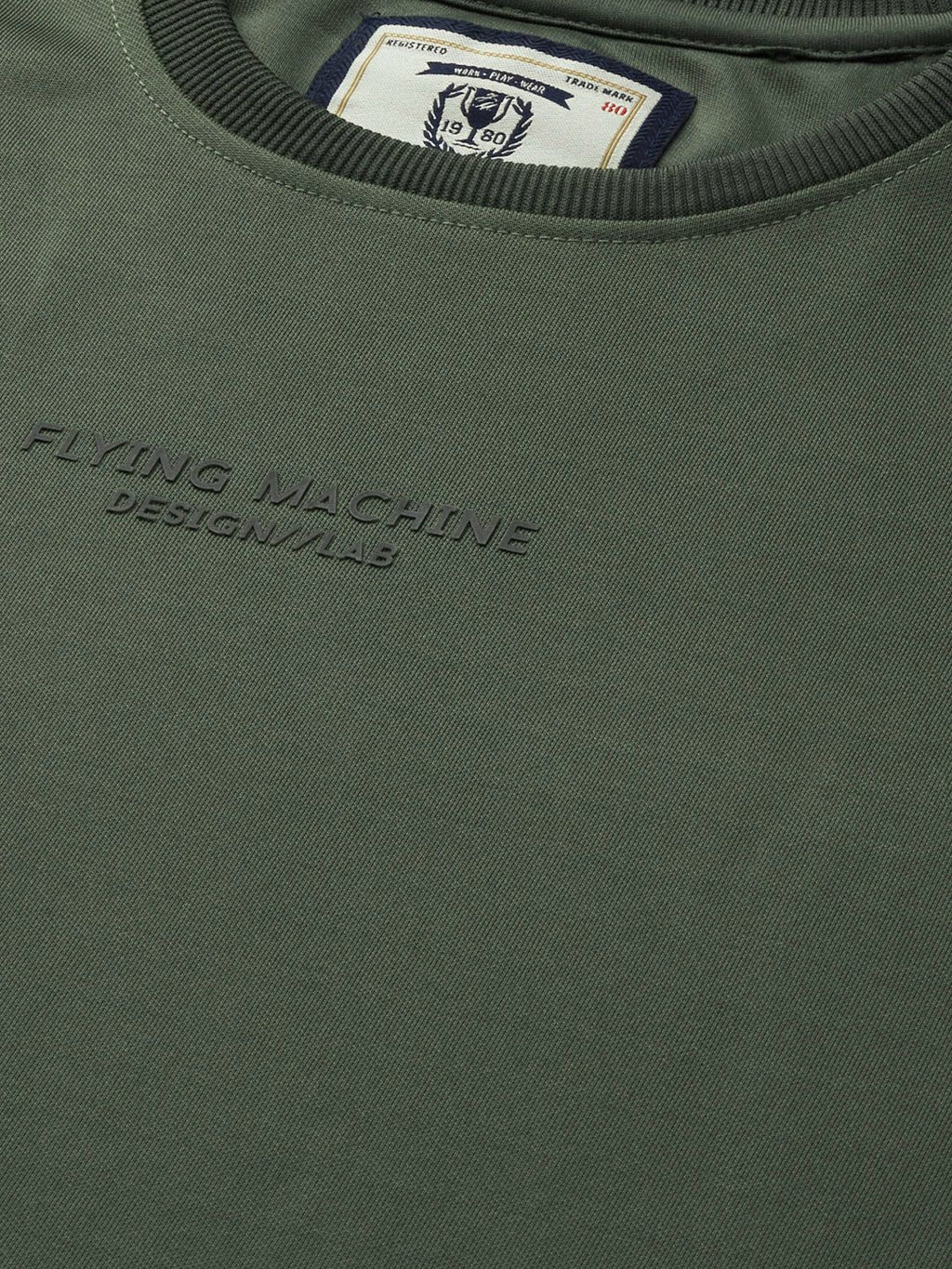  Flying Machine Men Green Solid Sweatshirt With Minimal Print Detail