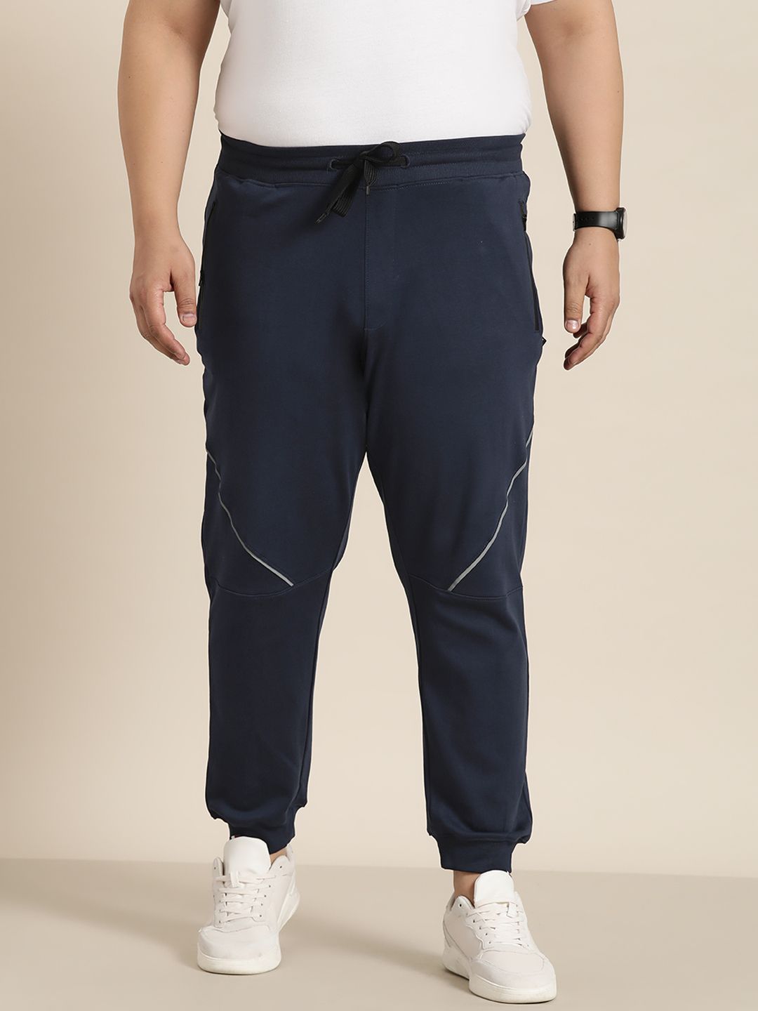  Sztori Men Plus Size Pure Cotton Solid Joggers With Reflective Stripes