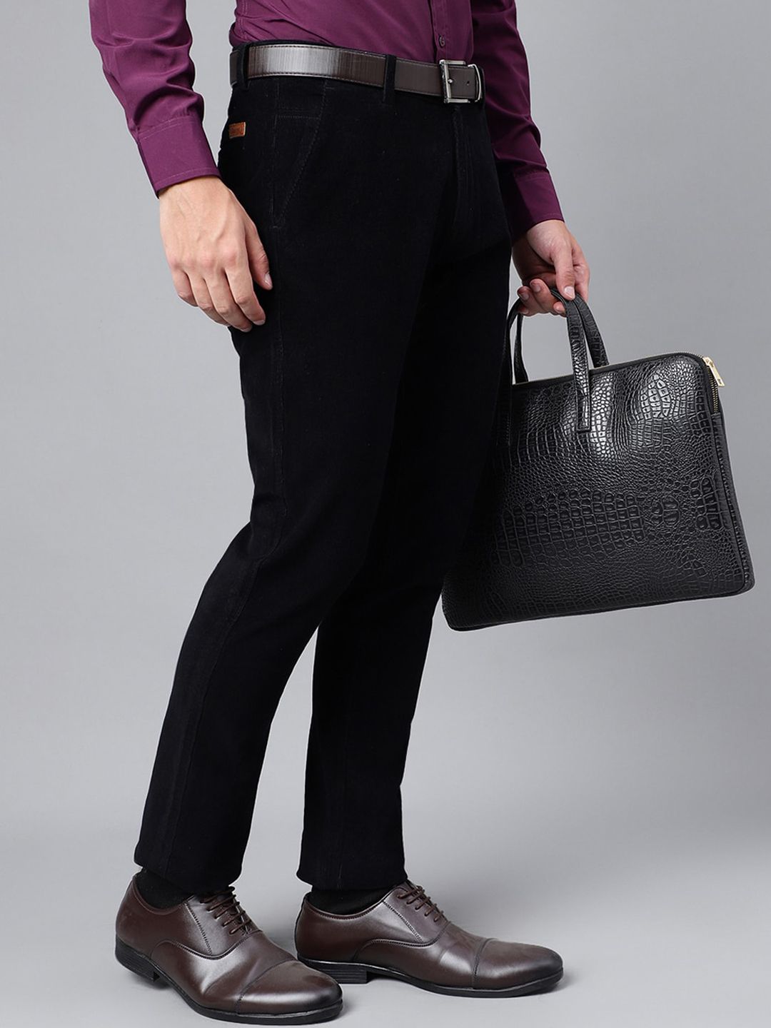  Hancock Men Solid Corduroy Slim Fit Formal Trousers