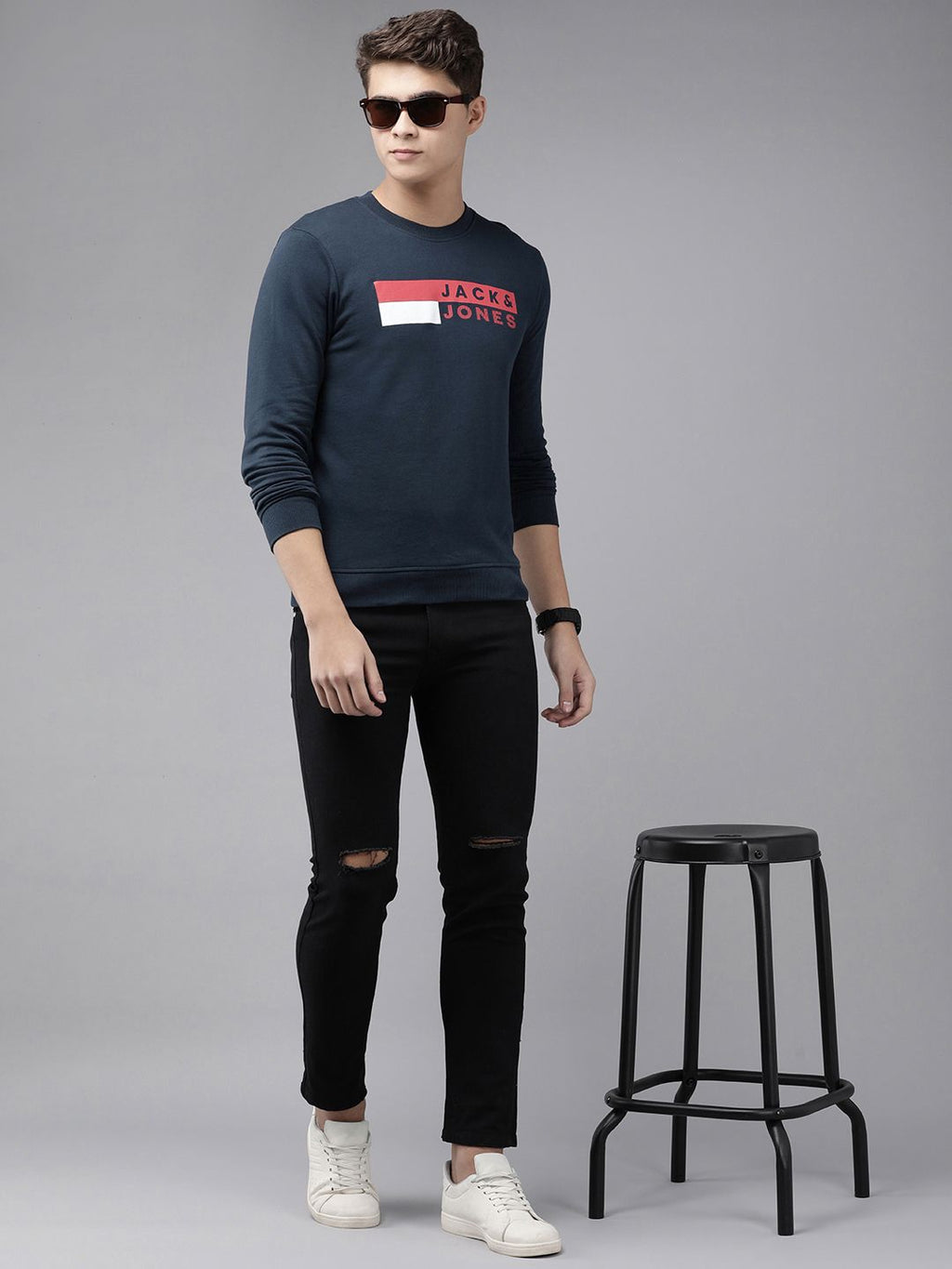 Jack & Jones Men Navy Blue Brand Logo Printed Sweatshirt