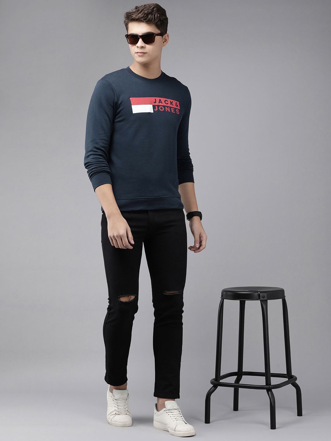 Jack & Jones Men Navy Blue Brand Logo Printed Sweatshirt