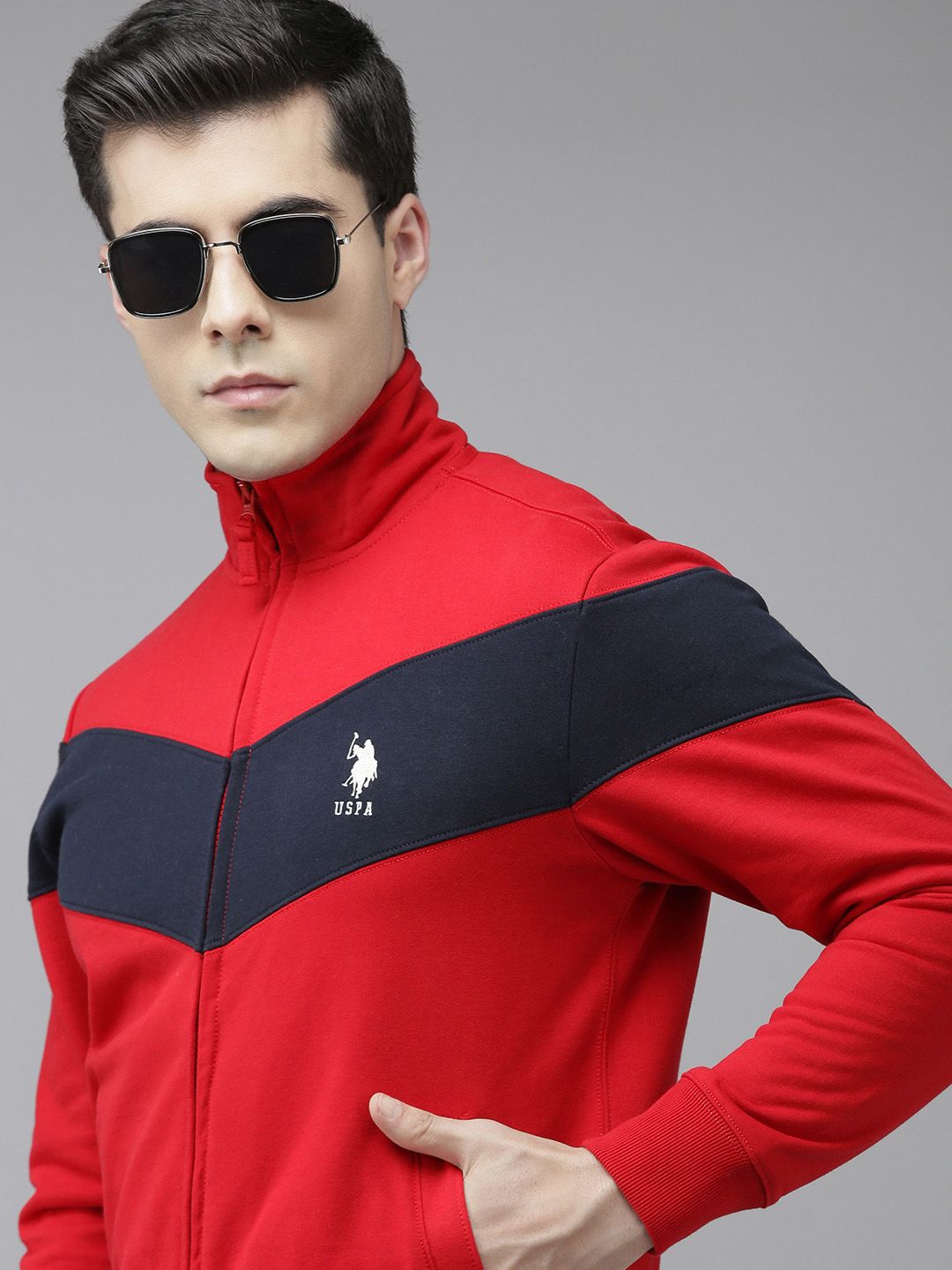 U.S. Polo Assn. U S Polo Assn Men Red & Navy Blue Colourblocked Long Sleeves Sweatshirt