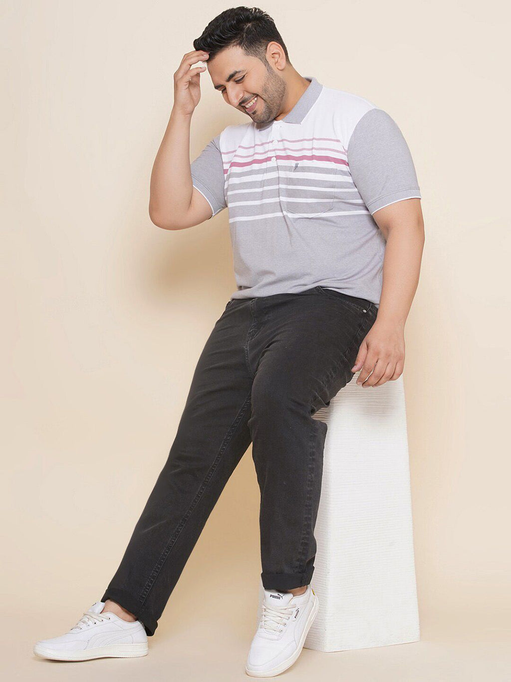 John Pride Plus Size Striped Polo Collar Pure Cotton T-shirt