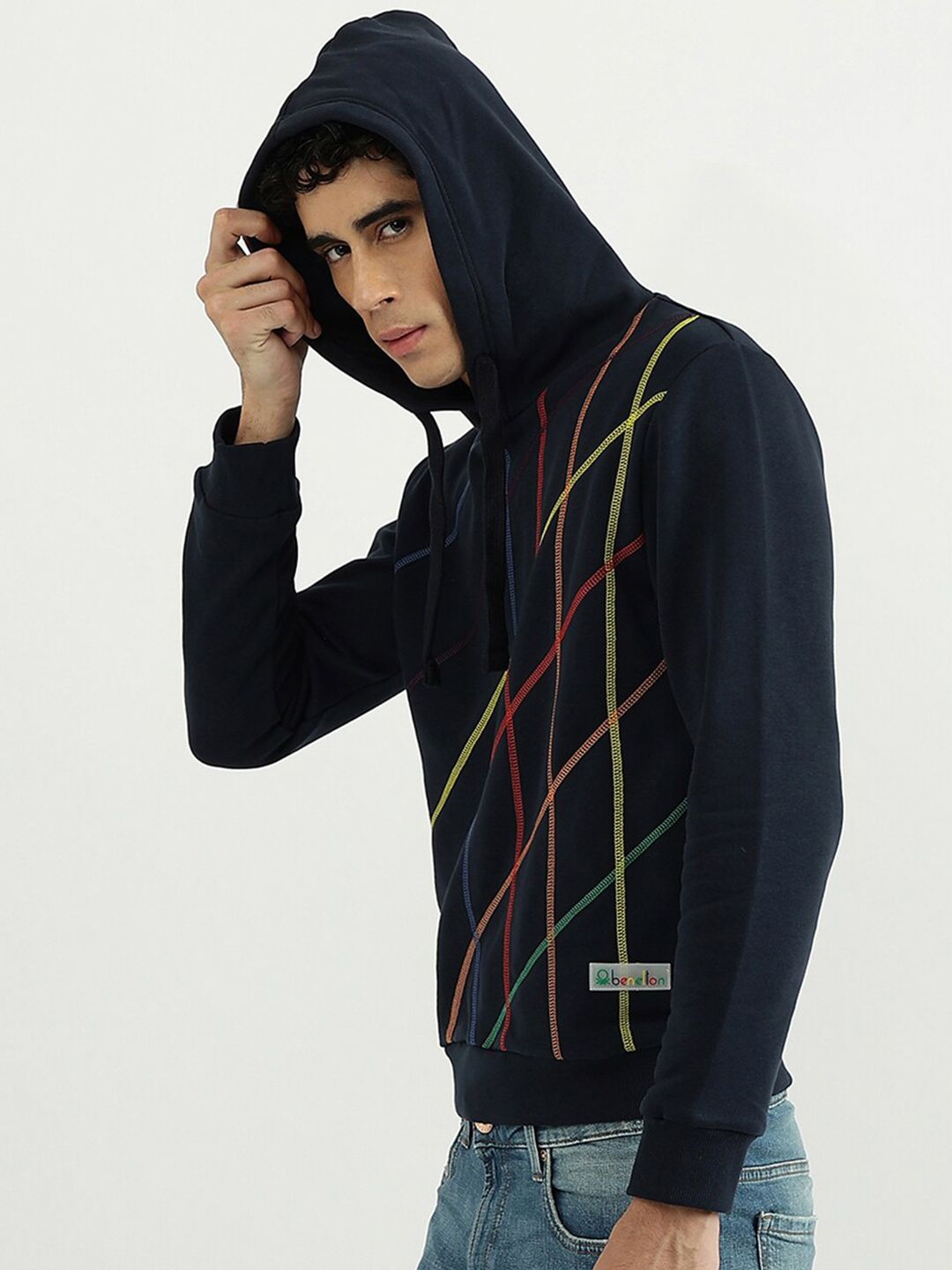  United Colors Of Benetton Men Black Striped Hooded Sweatshirt