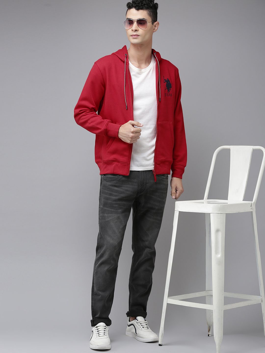 U.S. Polo Assn. U S Polo Assn Men Red Hooded Full Sleeves Front Open Sweatshirt
