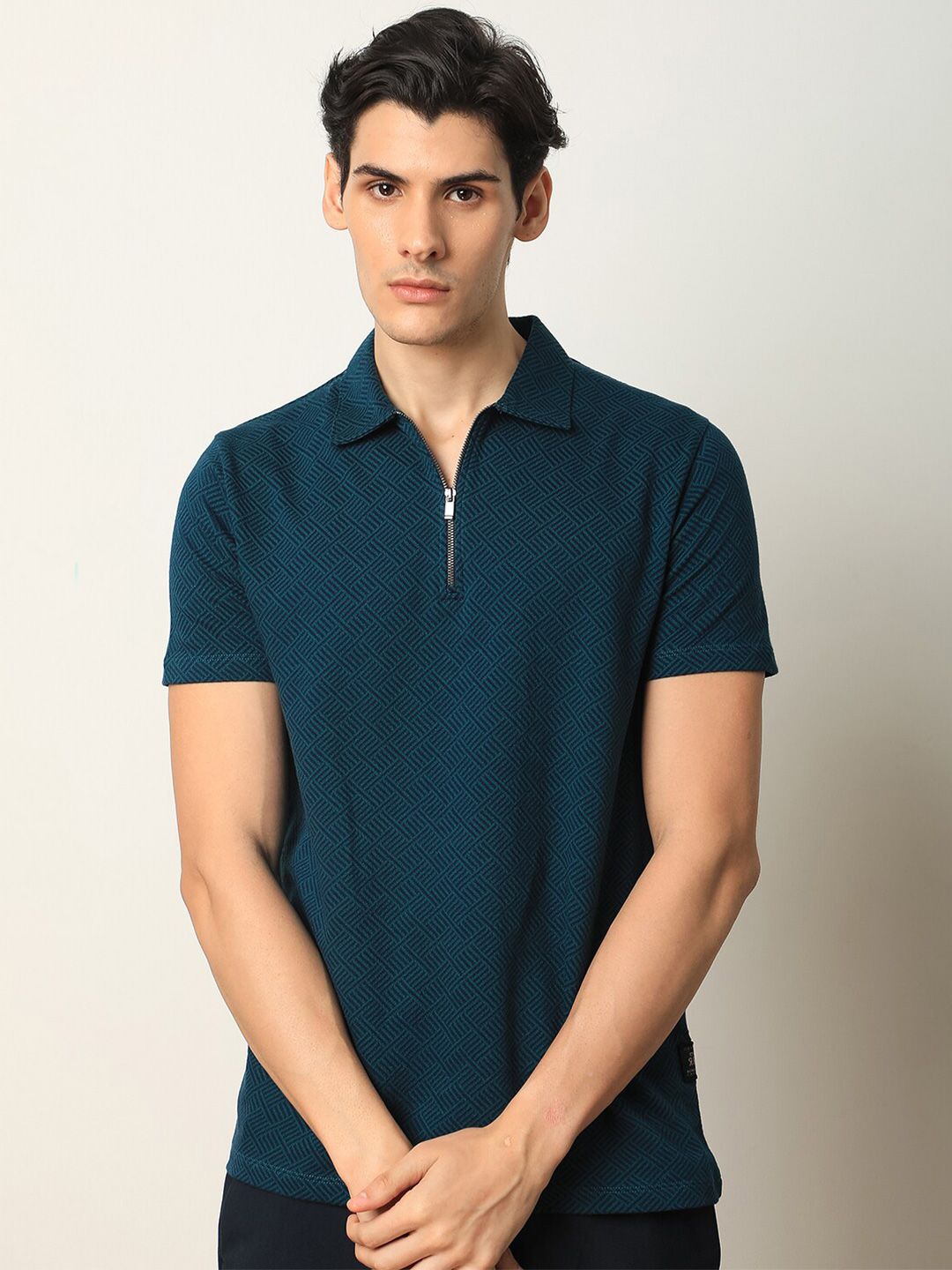  RARE RABBIT Geometric Printed Polo Collar Cotton Slim Fit T-shirt