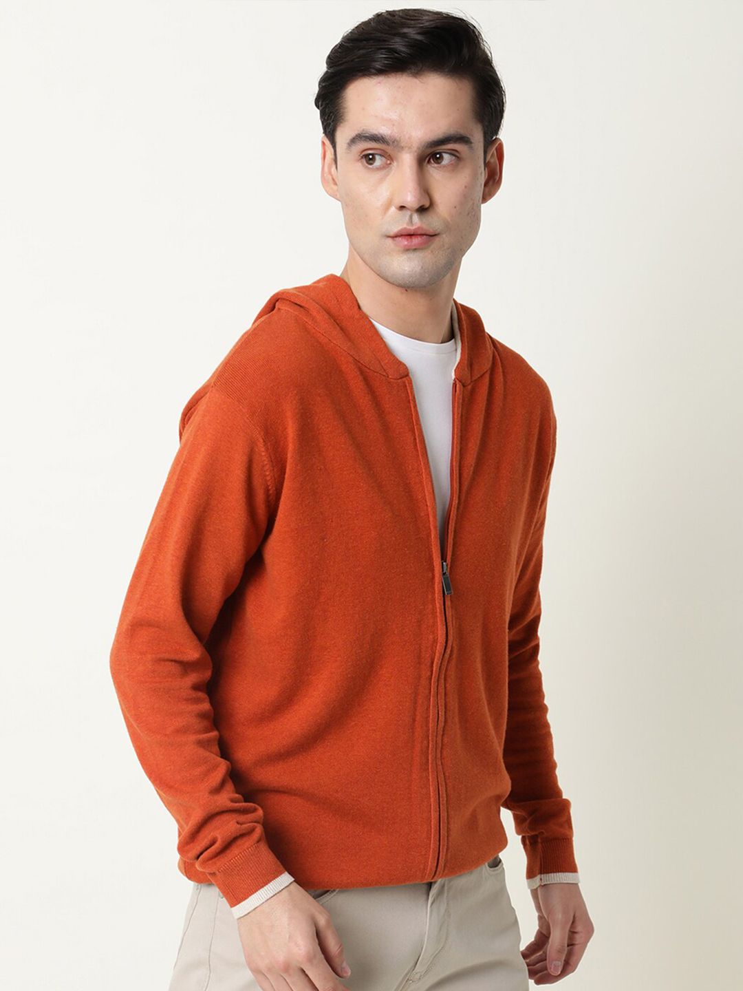  RARE RABBIT Men Orange Solid Cotton Hooded Sweatshirt