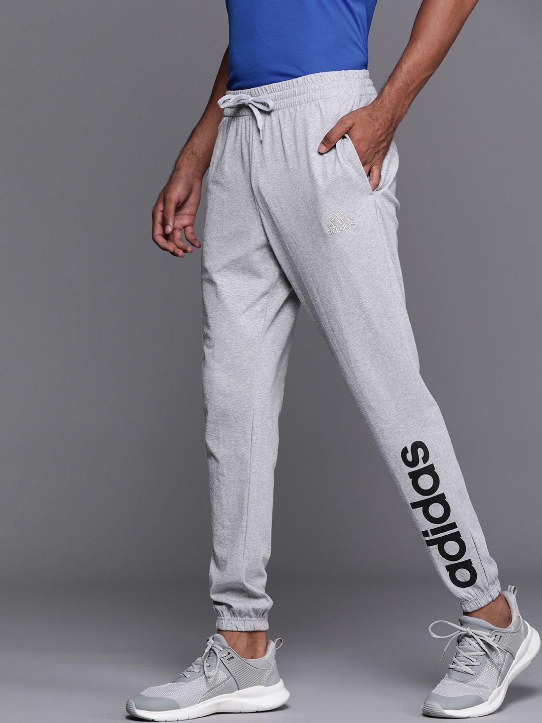  ADIDAS Men Grey Melange Brand Logo Print Sport Inspired Linear SJ Joggers