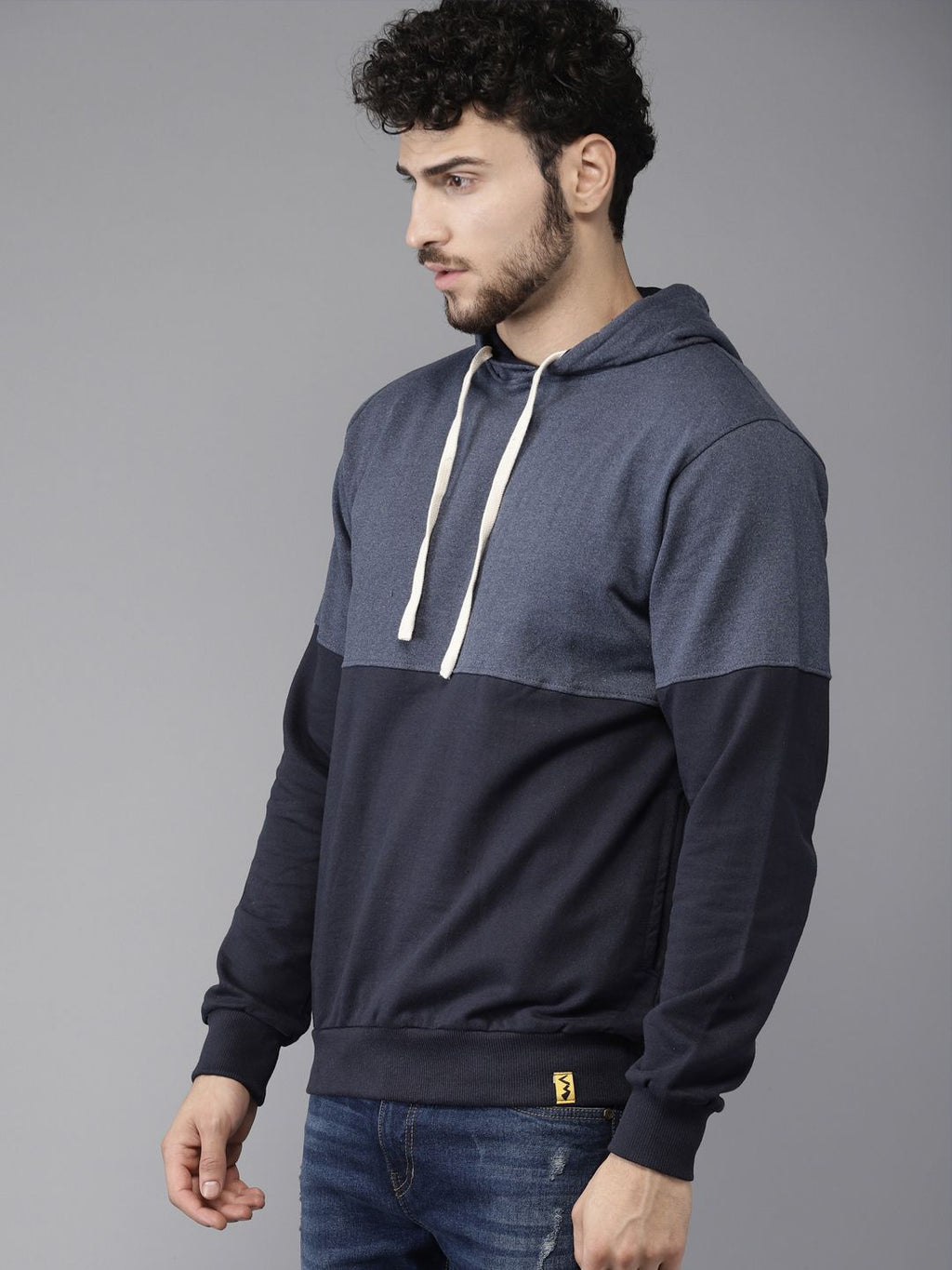  Campus Sutra Men Navy Blue Colourblocked Hooded Sweatshirt