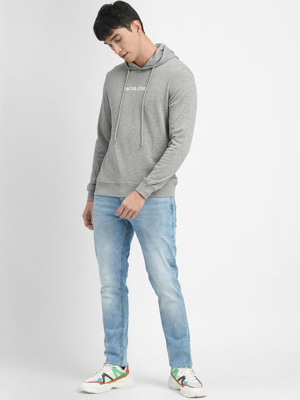  Jack & Jones Men Grey Melange Printed Hooded Sweatshirt