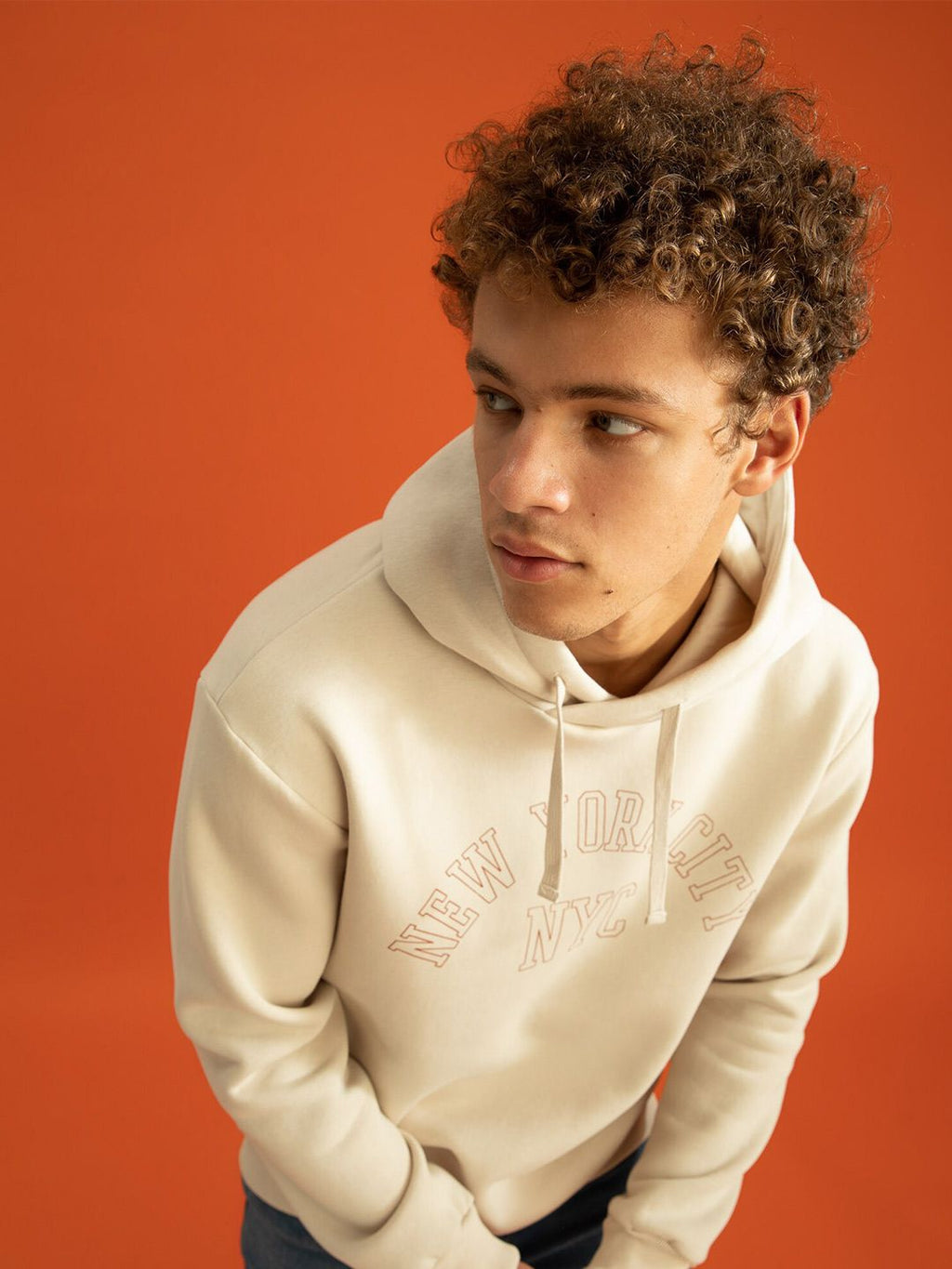  DeFacto Men Cream-Coloured Printed Hooded Sweatshirt