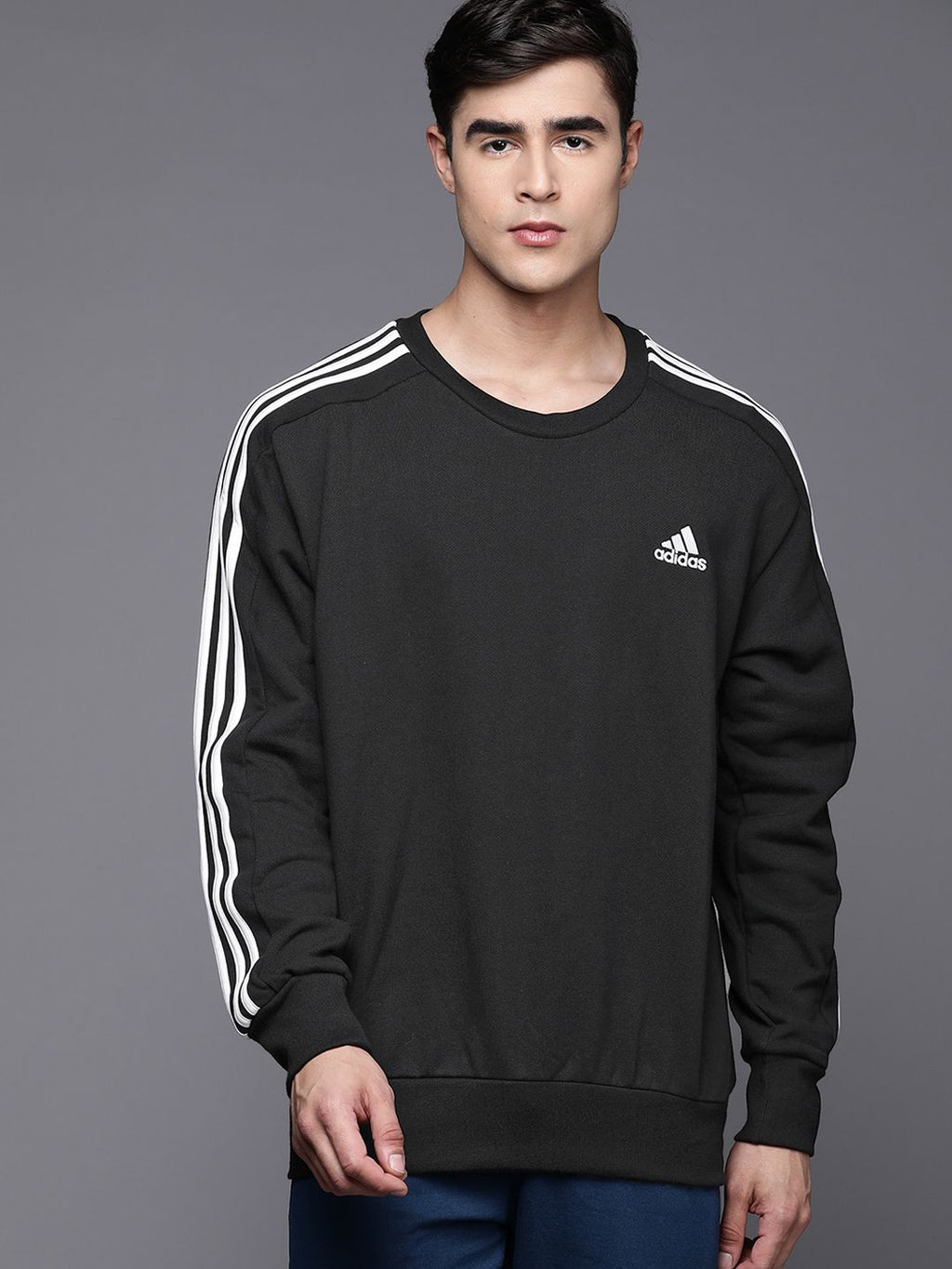  ADIDAS Men Essentials French Terry Pure Cotton 3-Striped Sweatshirt