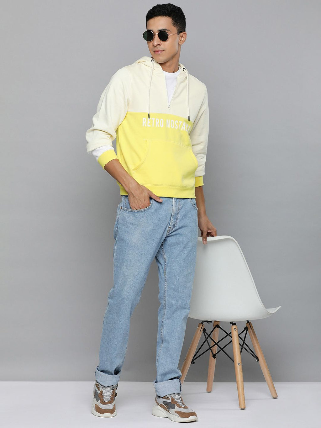  Flying Machine Men Yellow Colourblocked Hooded Sweatshirt With Minimal Print Detail