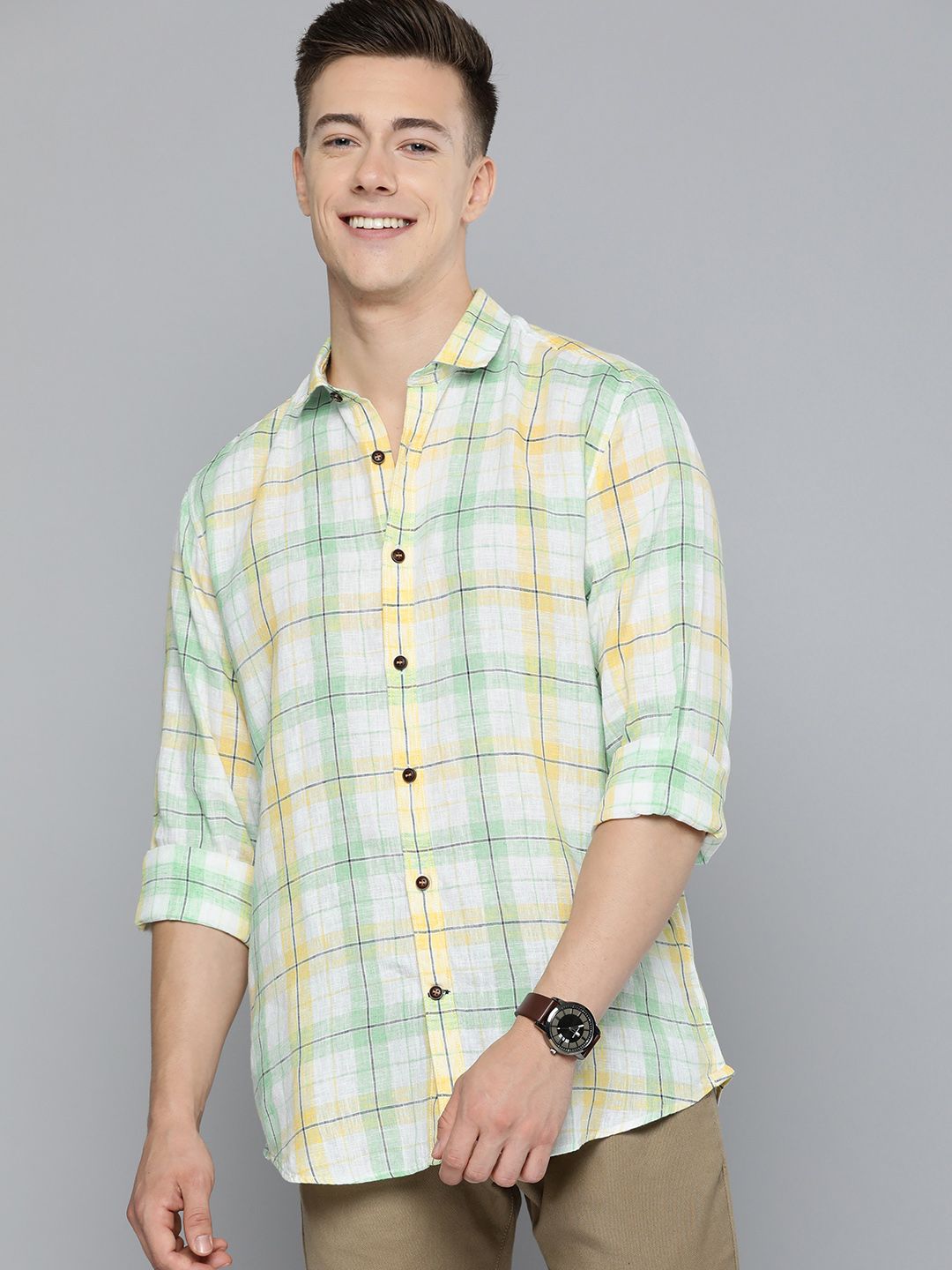  Mast & Harbour Men Lyocell Linen Checked Casual Shirt
