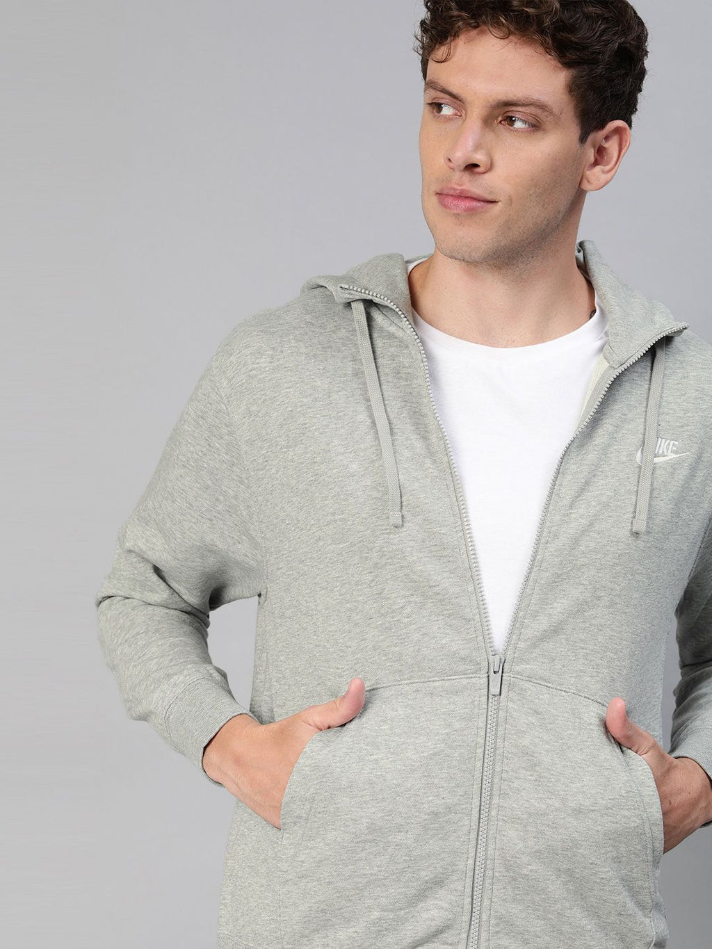  Nike Men Grey Melange Solid CLUB Hooded Sweatshirt