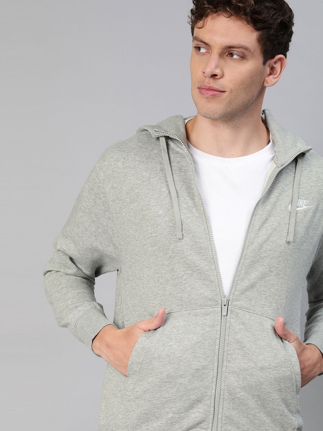  Nike Men Grey Melange Solid CLUB Hooded Sweatshirt