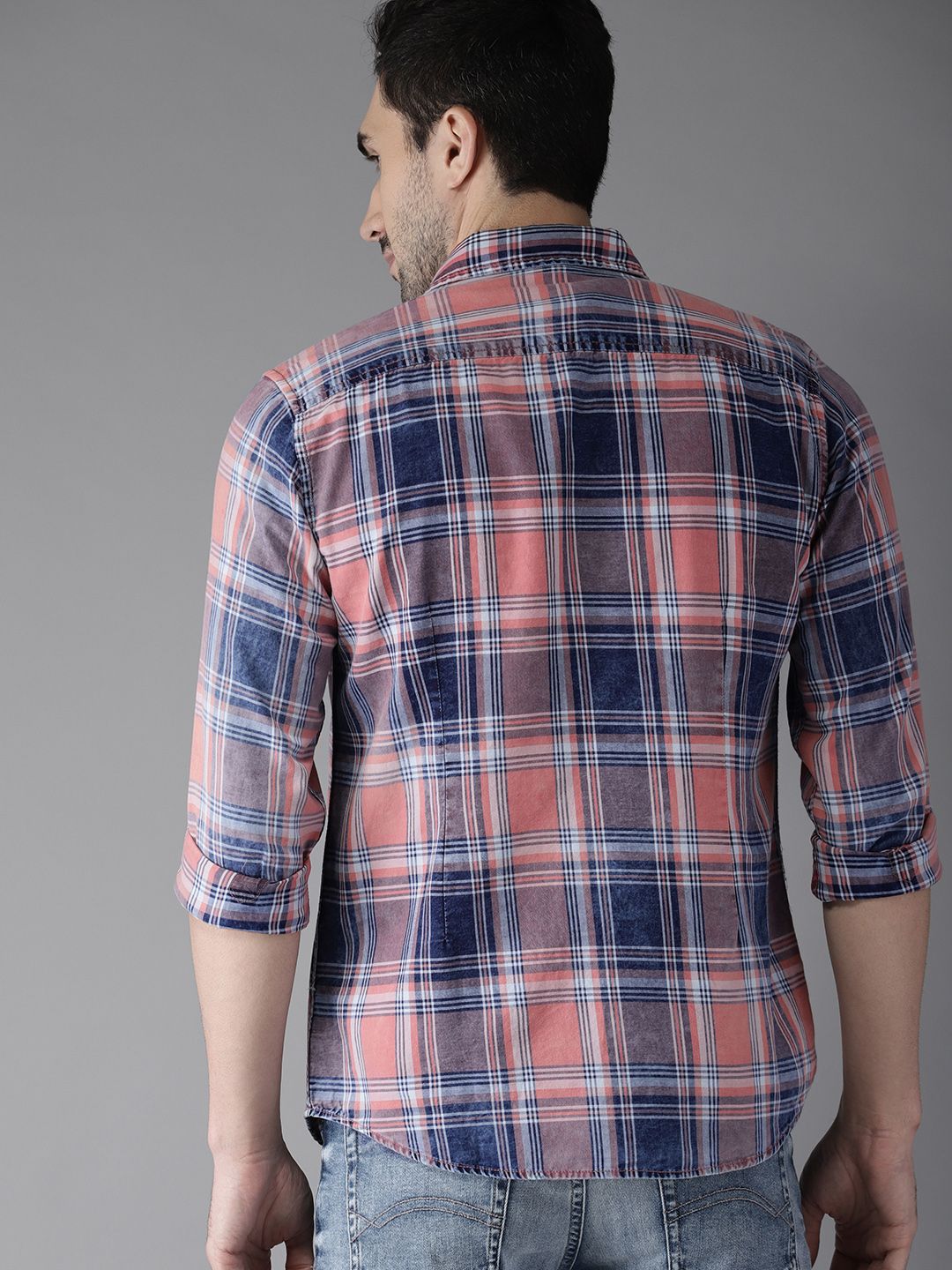  Moda Rapido Men Pink & Navy Blue Slim Fit Checked Casual Shirt
