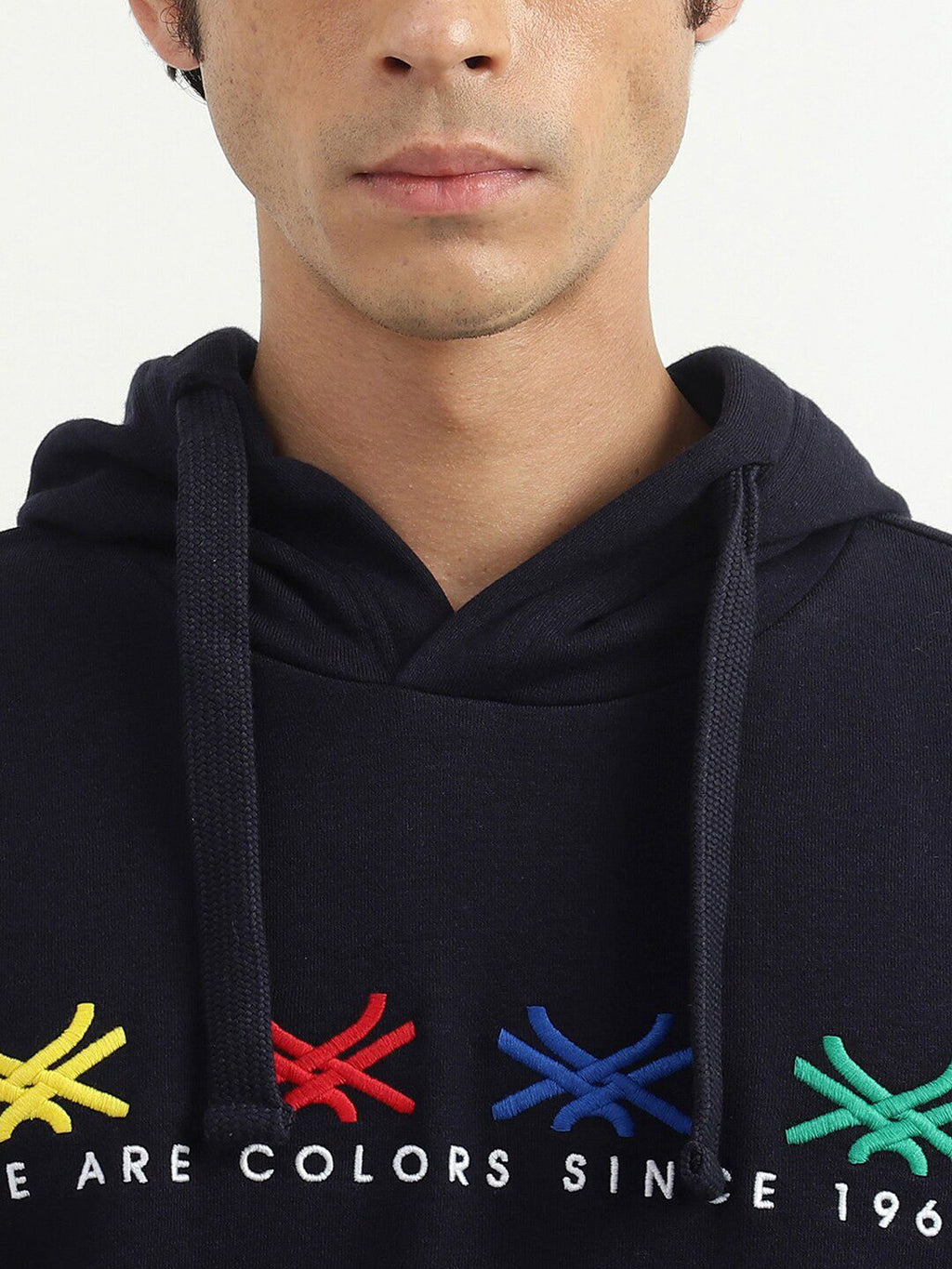  United Colors Of Benetton Men Navy Blue Printed Hooded Sweatshirt