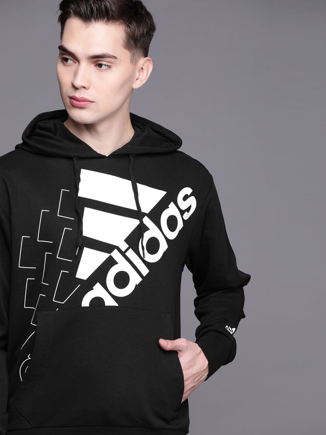  ADIDAS Men Black & White UniteFit Q3 BLUV Brand Logo Print Hooded Sweatshirt