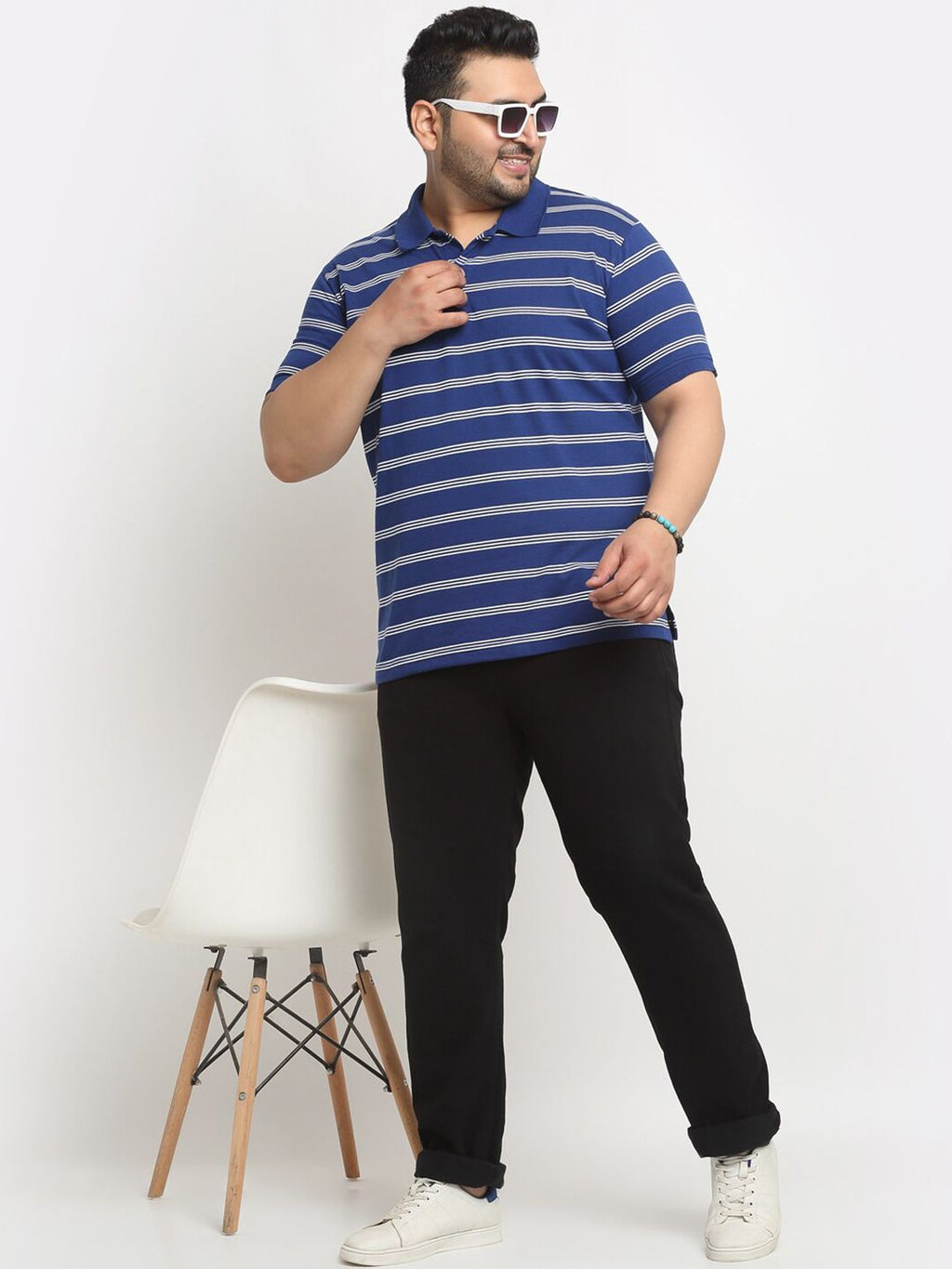  PlusS Blue Striped Polo Collar Pure Cotton T-shirt