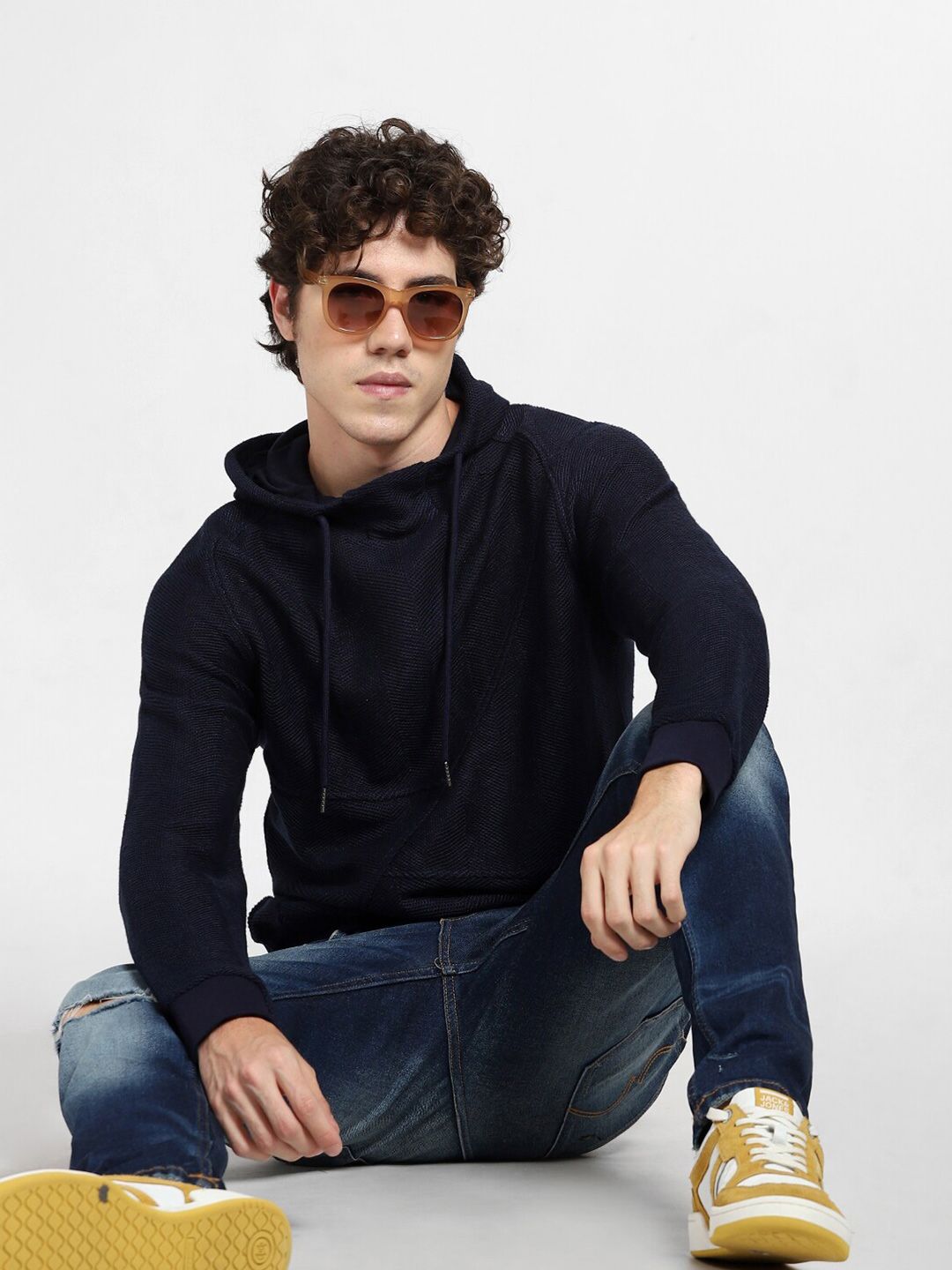  Jack & Jones Men Blue Solid Hooded Sweatshirt