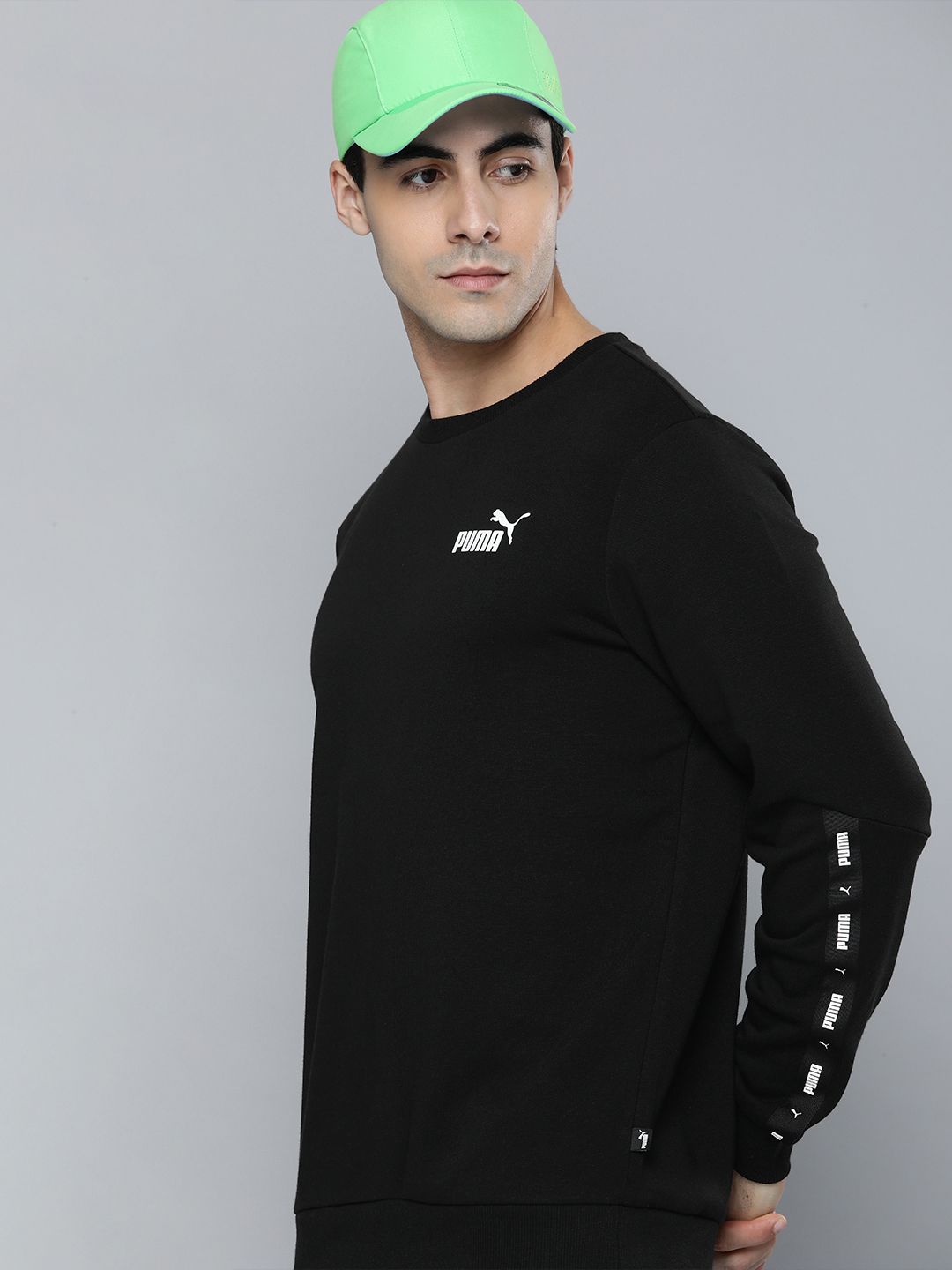  Puma Men Black Brand Logo Printed Tape CrewRegular Fit Pullover Sweatshirt