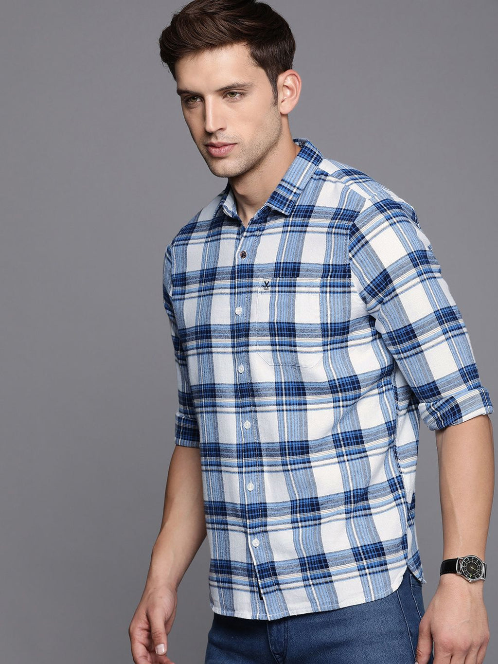  WROGN Men Pure Cotton Slim Fit Tartan Checks Casual Shirt